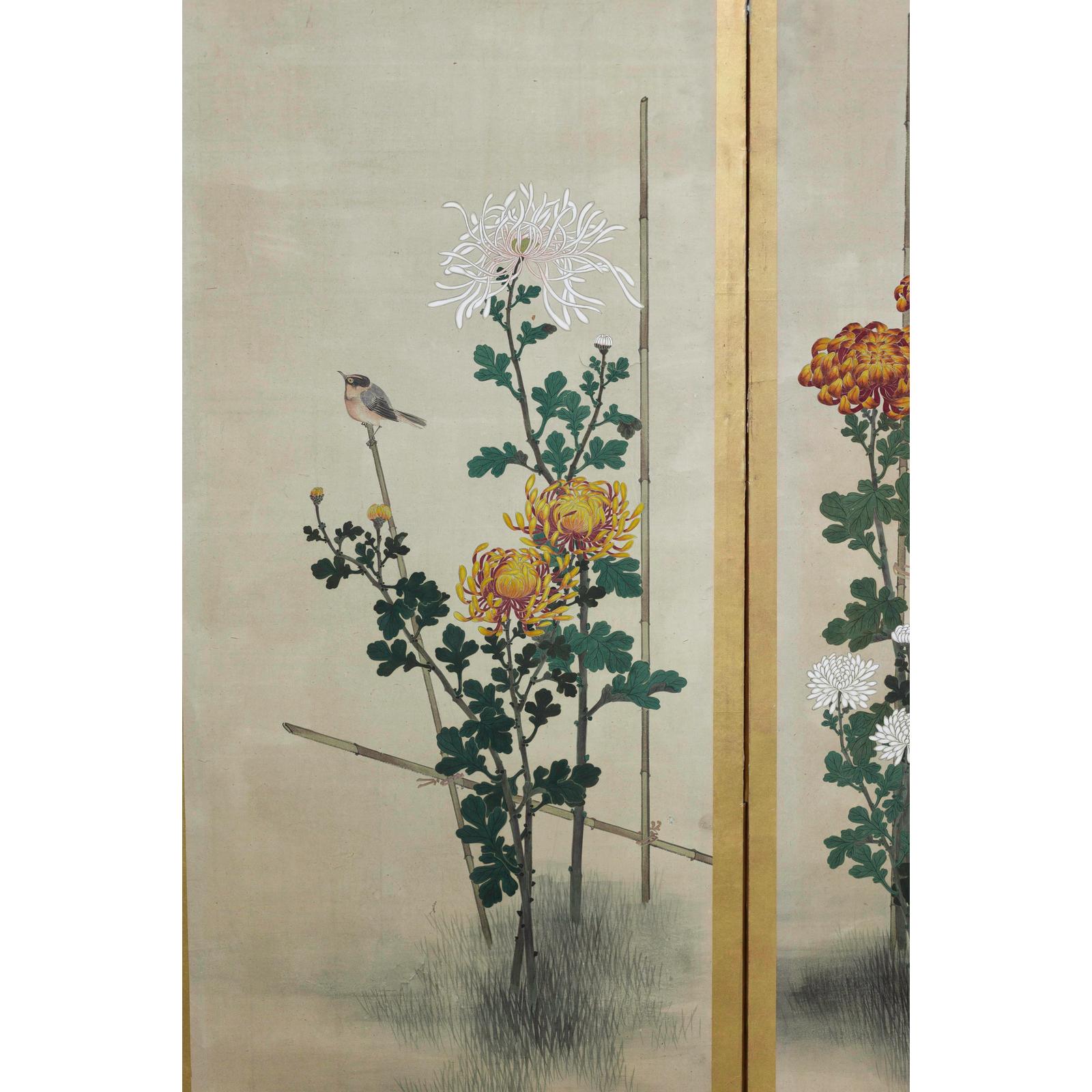 Six-Panel Screen with Chrysanthemums and Birds, Taishō Period (1920s)-15. Asian &amp; Chinese Furniture, Art, Antiques, Vintage Home Décor for sale at FEA Home