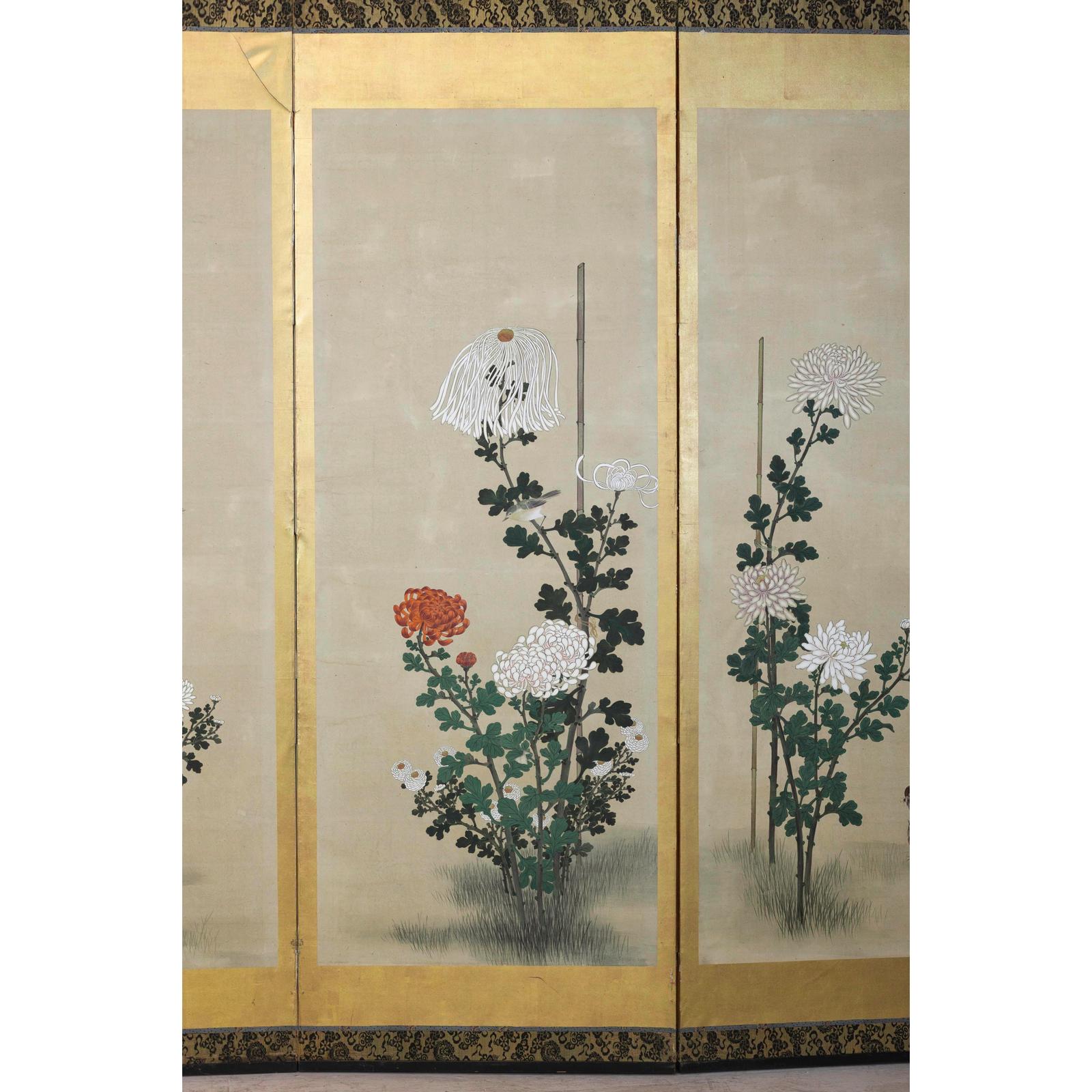 Six-Panel Screen with Chrysanthemums and Birds, Taishō Period (1920s)-17. Asian &amp; Chinese Furniture, Art, Antiques, Vintage Home Décor for sale at FEA Home