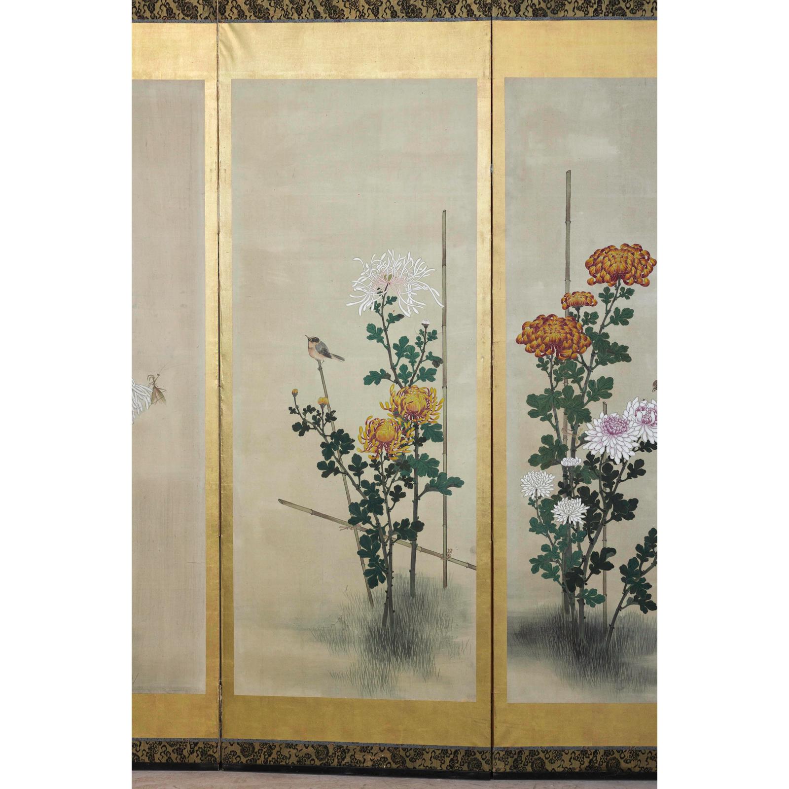 Six-Panel Screen with Chrysanthemums and Birds, Taishō Period (1920s)-18. Asian &amp; Chinese Furniture, Art, Antiques, Vintage Home Décor for sale at FEA Home