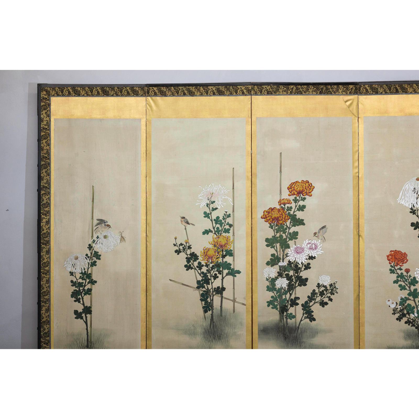 Six-Panel Screen with Chrysanthemums and Birds, Taishō Period (1920s)-3. Asian &amp; Chinese Furniture, Art, Antiques, Vintage Home Décor for sale at FEA Home