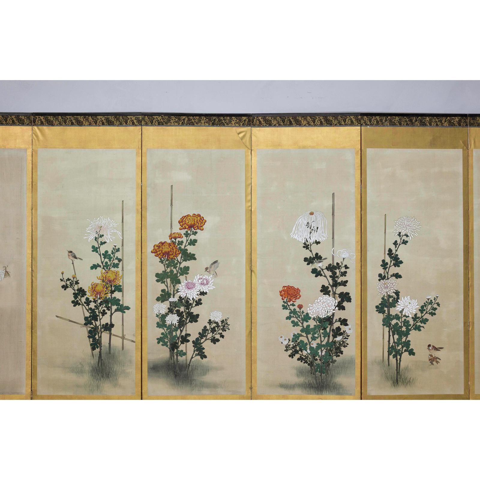 Six-Panel Screen with Chrysanthemums and Birds, Taishō Period (1920s)-4. Asian &amp; Chinese Furniture, Art, Antiques, Vintage Home Décor for sale at FEA Home