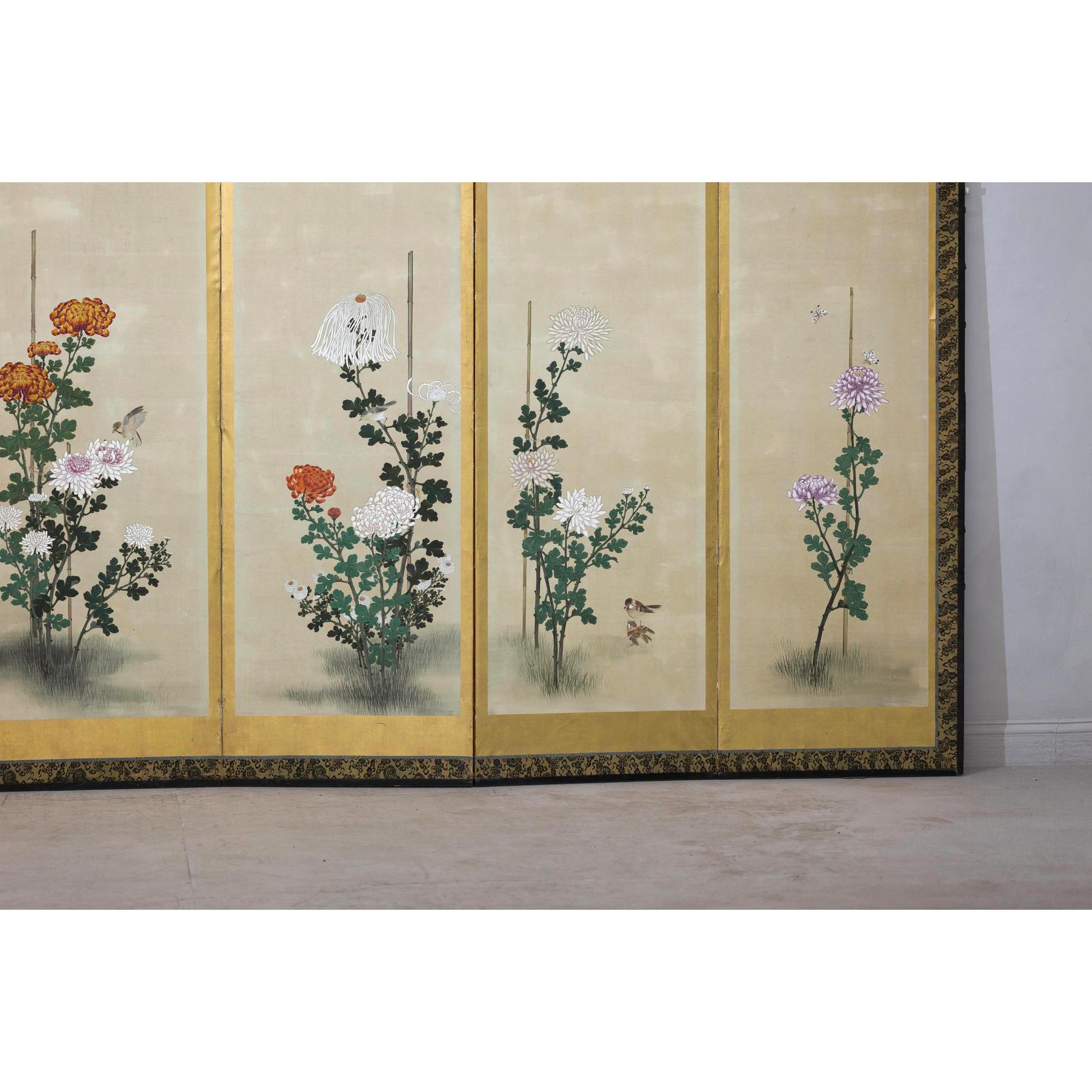Six-Panel Screen with Chrysanthemums and Birds, Taishō Period (1920s)-6. Asian &amp; Chinese Furniture, Art, Antiques, Vintage Home Décor for sale at FEA Home
