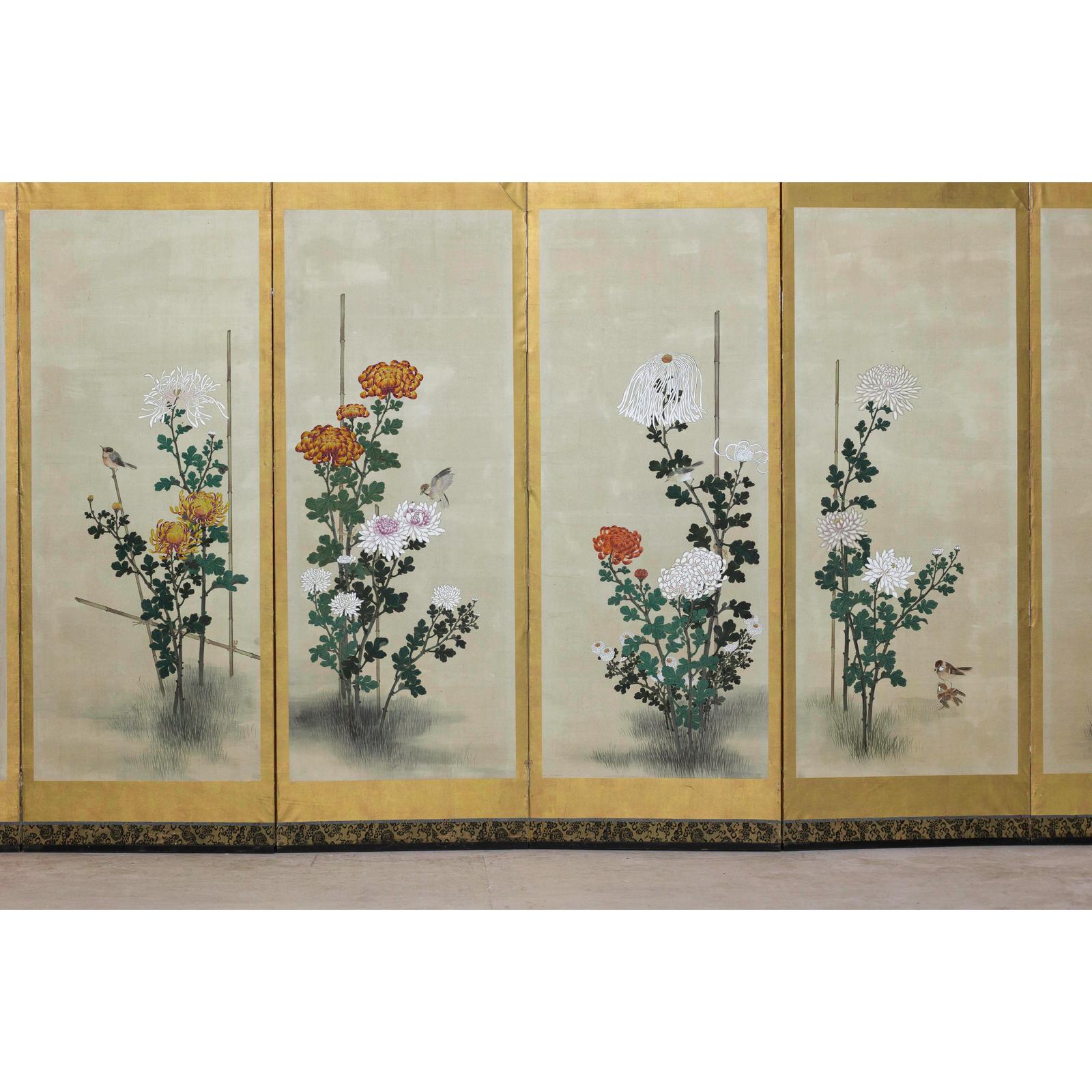 Six-Panel Screen with Chrysanthemums and Birds, Taishō Period (1920s)-7. Asian &amp; Chinese Furniture, Art, Antiques, Vintage Home Décor for sale at FEA Home