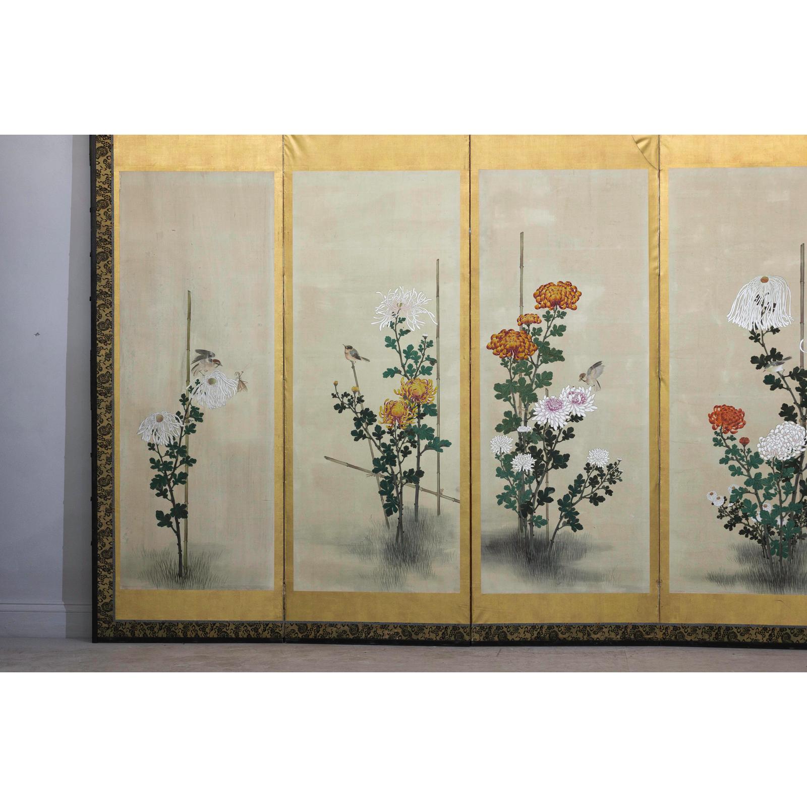 Six-Panel Screen with Chrysanthemums and Birds, Taishō Period (1920s)-8. Asian &amp; Chinese Furniture, Art, Antiques, Vintage Home Décor for sale at FEA Home