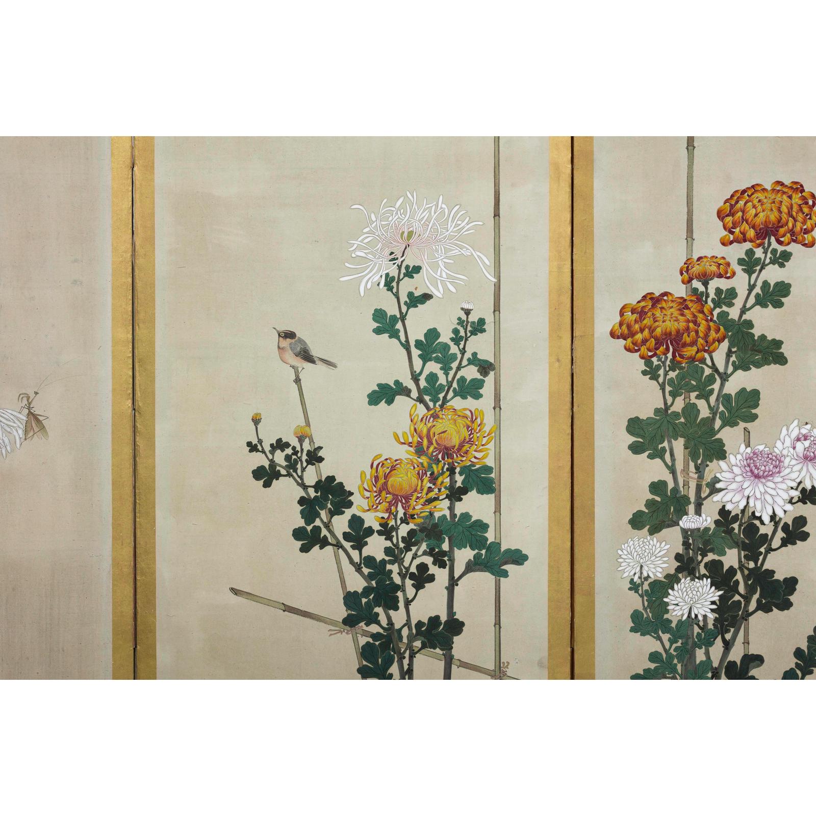 Six-Panel Screen with Chrysanthemums and Birds, Taishō Period (1920s)-9. Asian &amp; Chinese Furniture, Art, Antiques, Vintage Home Décor for sale at FEA Home