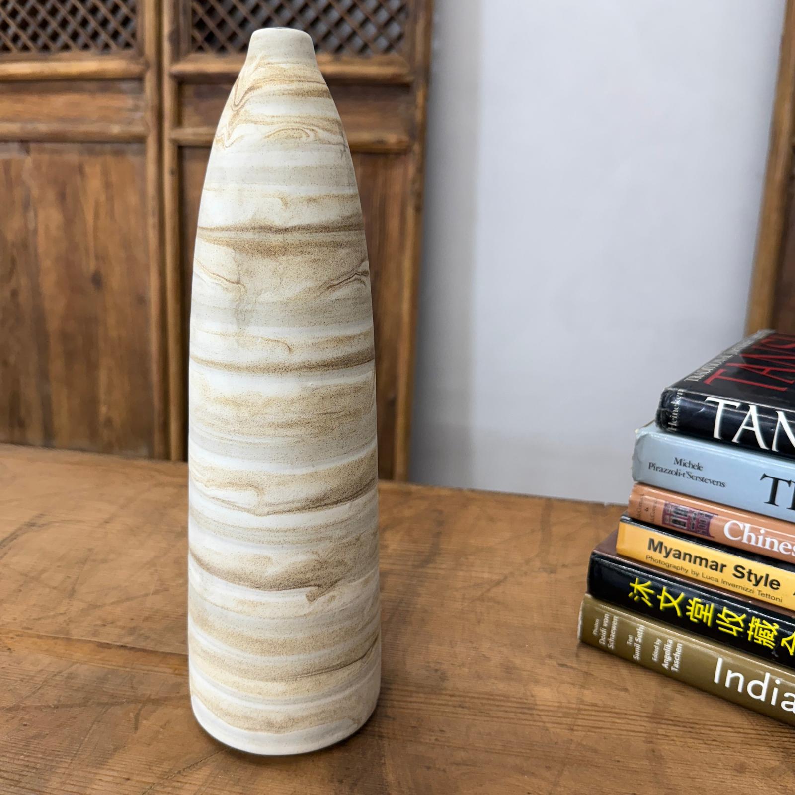 Skinny Ceramic Prem Vase with Beige &amp; Brown Swirl Design - FEA Home