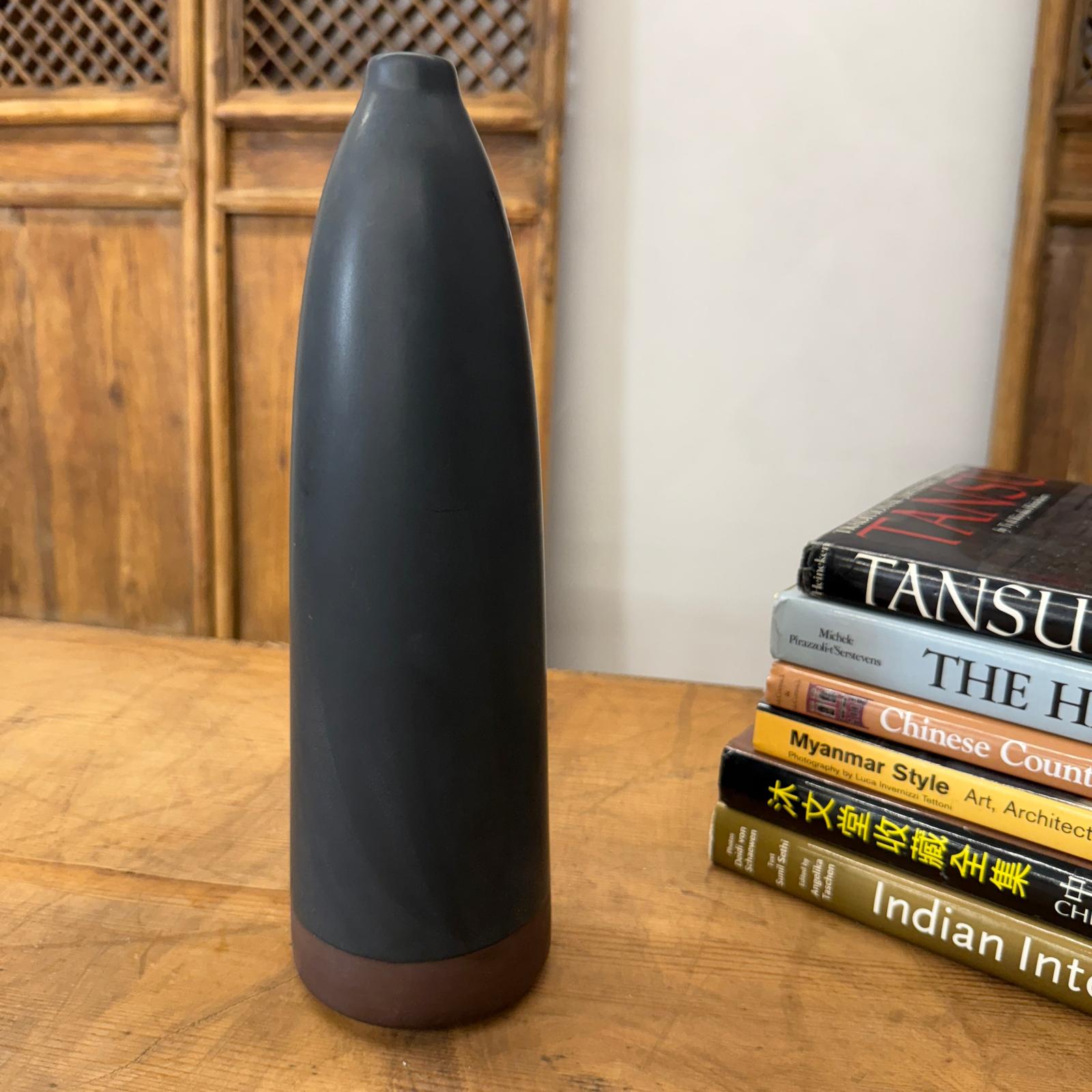Skinny Midnight Black Ceramic Matte Vase with Brown Base - FEA Home