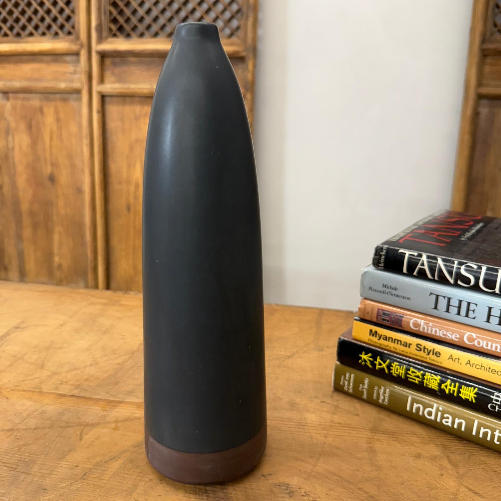 Skinny Midnight Black Ceramic Matte Vase with Brown Base - FEA Home