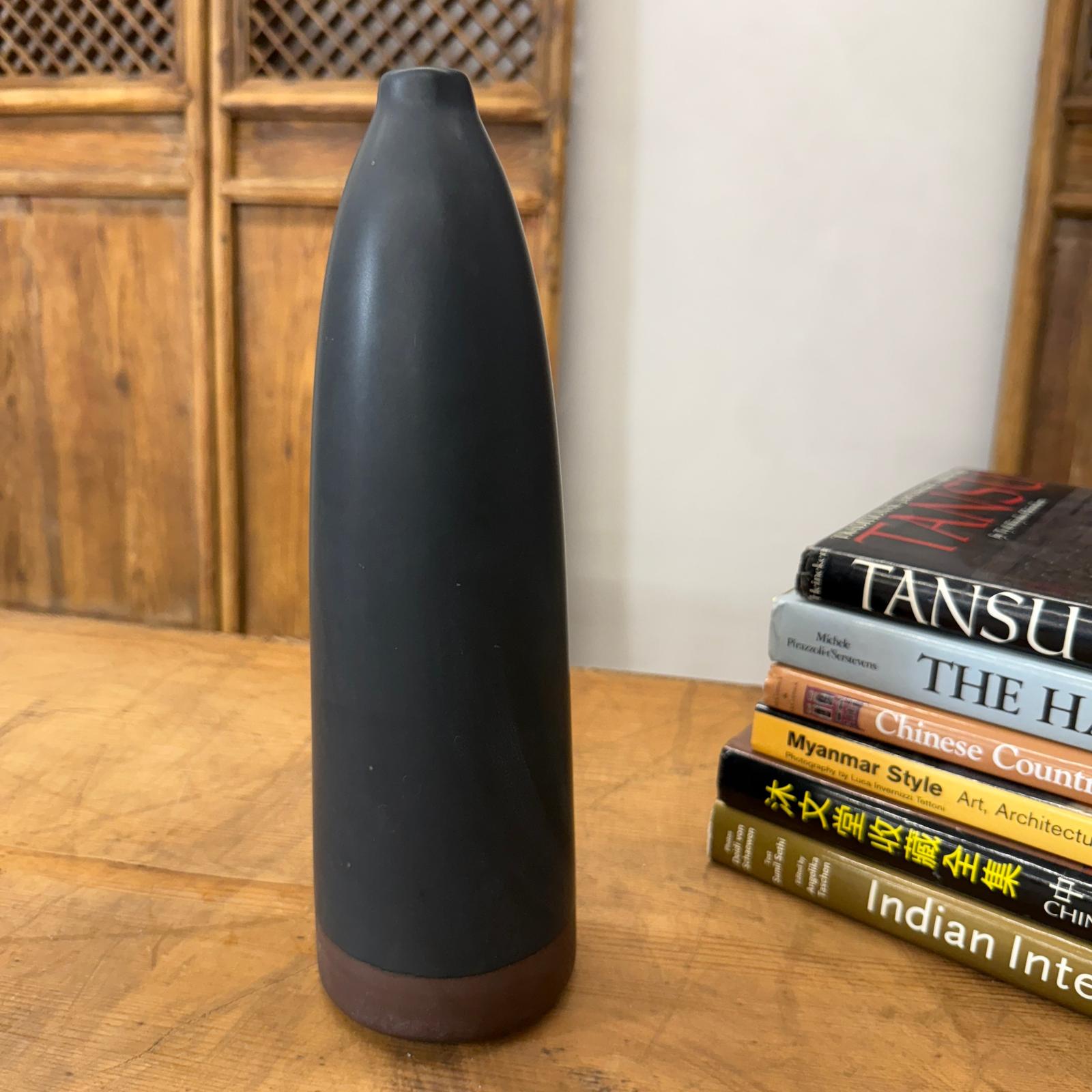 Skinny Midnight Black Ceramic Matte Vase with Brown Base - FEA Home