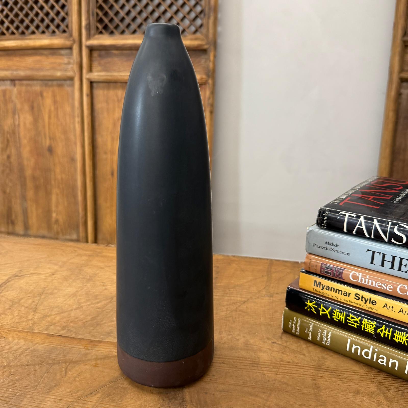 Skinny Midnight Black Ceramic Matte Vase with Brown Base - FEA Home