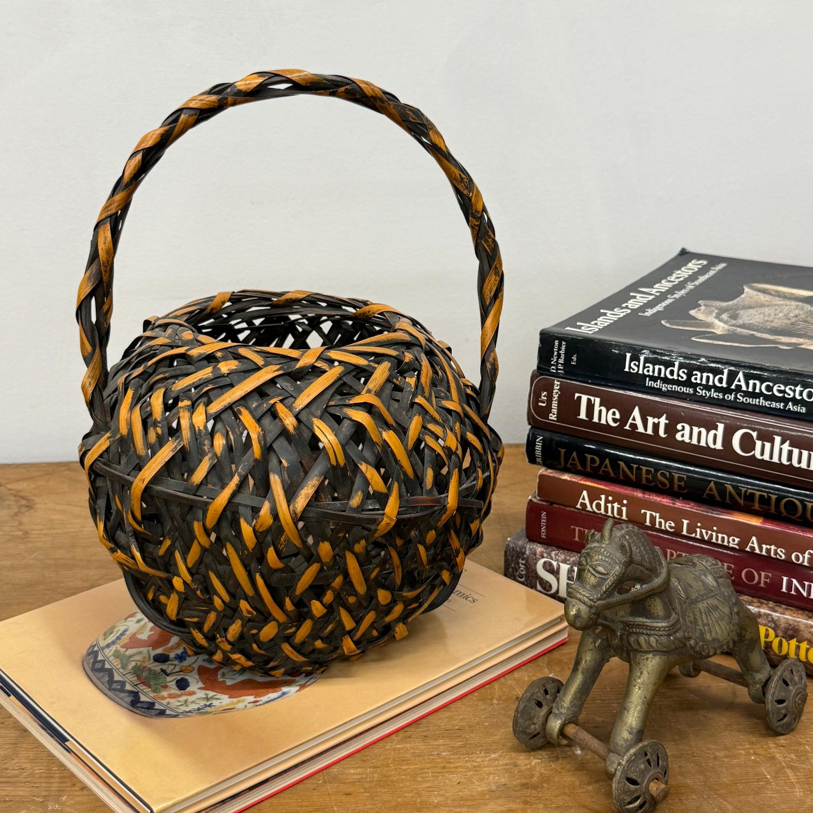 Small Round Orange and Black Basket with Curved Handle - FEA Home