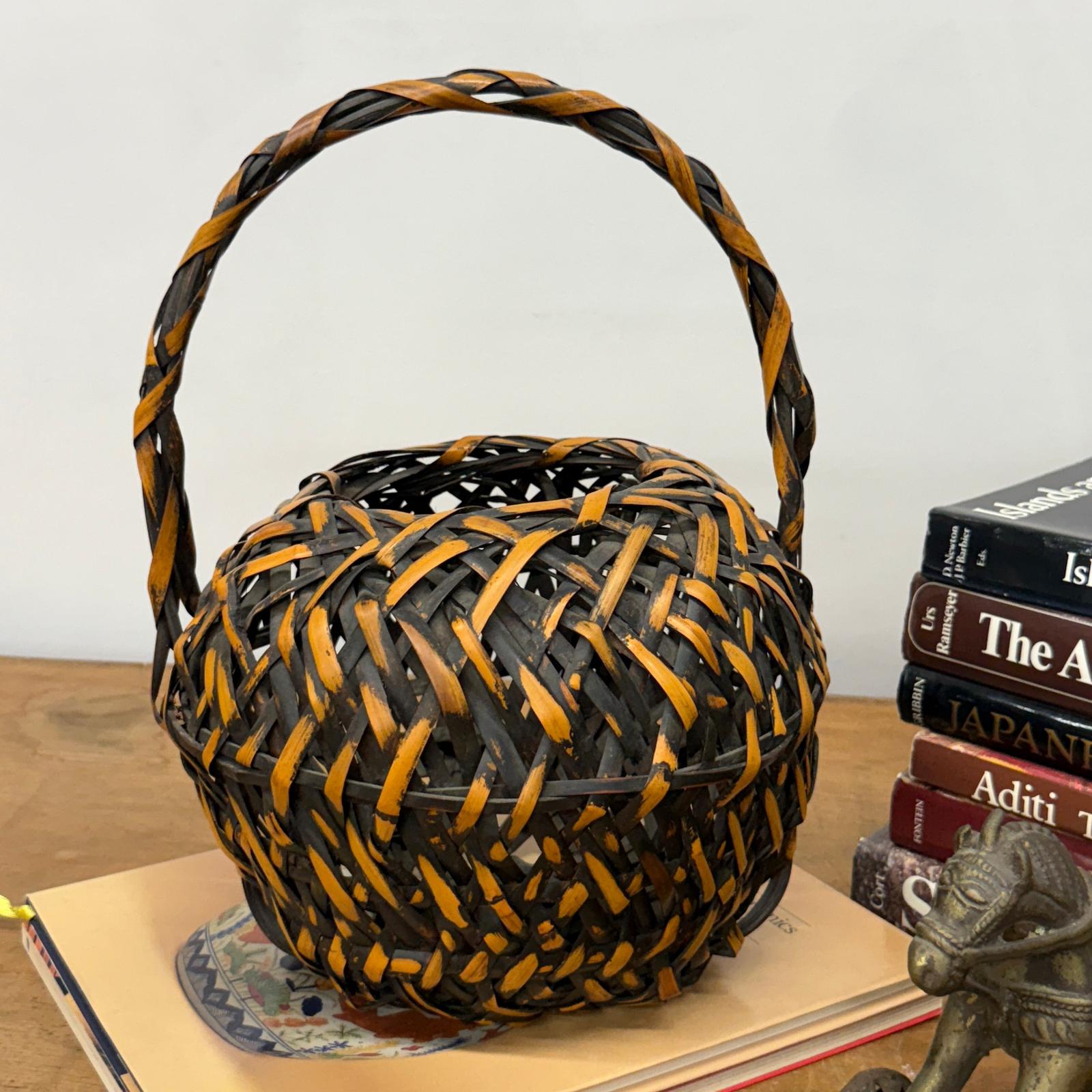 Small Round Orange and Black Basket with Curved Handle - FEA Home