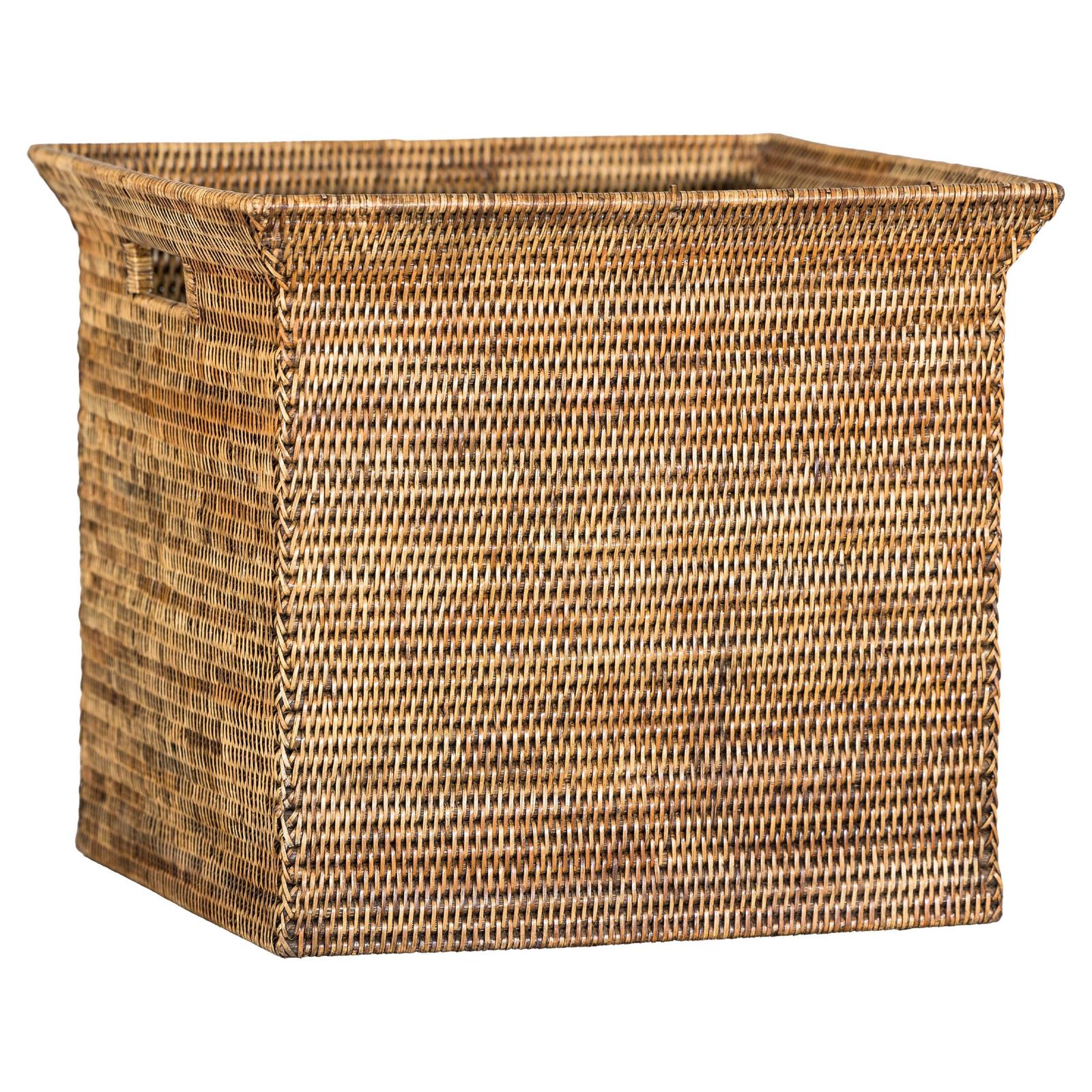 Natural brown rattan storage box with side handles, square shape, open top, country style, angled view.