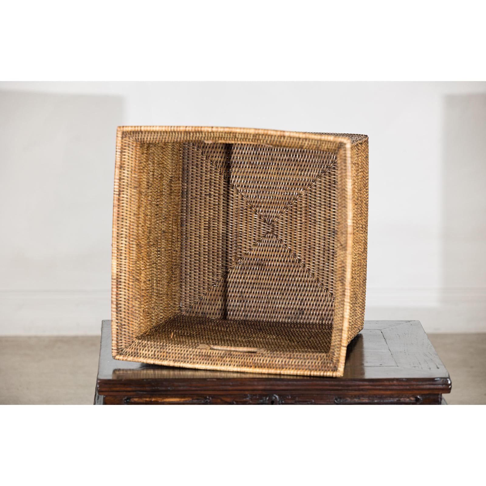 Square Country Style Vintage Rattan Storage Box with Side Handles