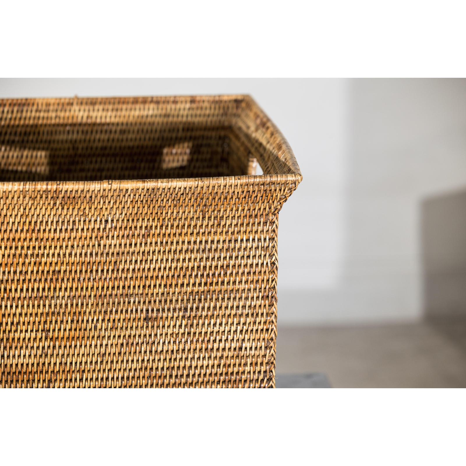 Square Country Style Vintage Rattan Storage Box with Side Handles