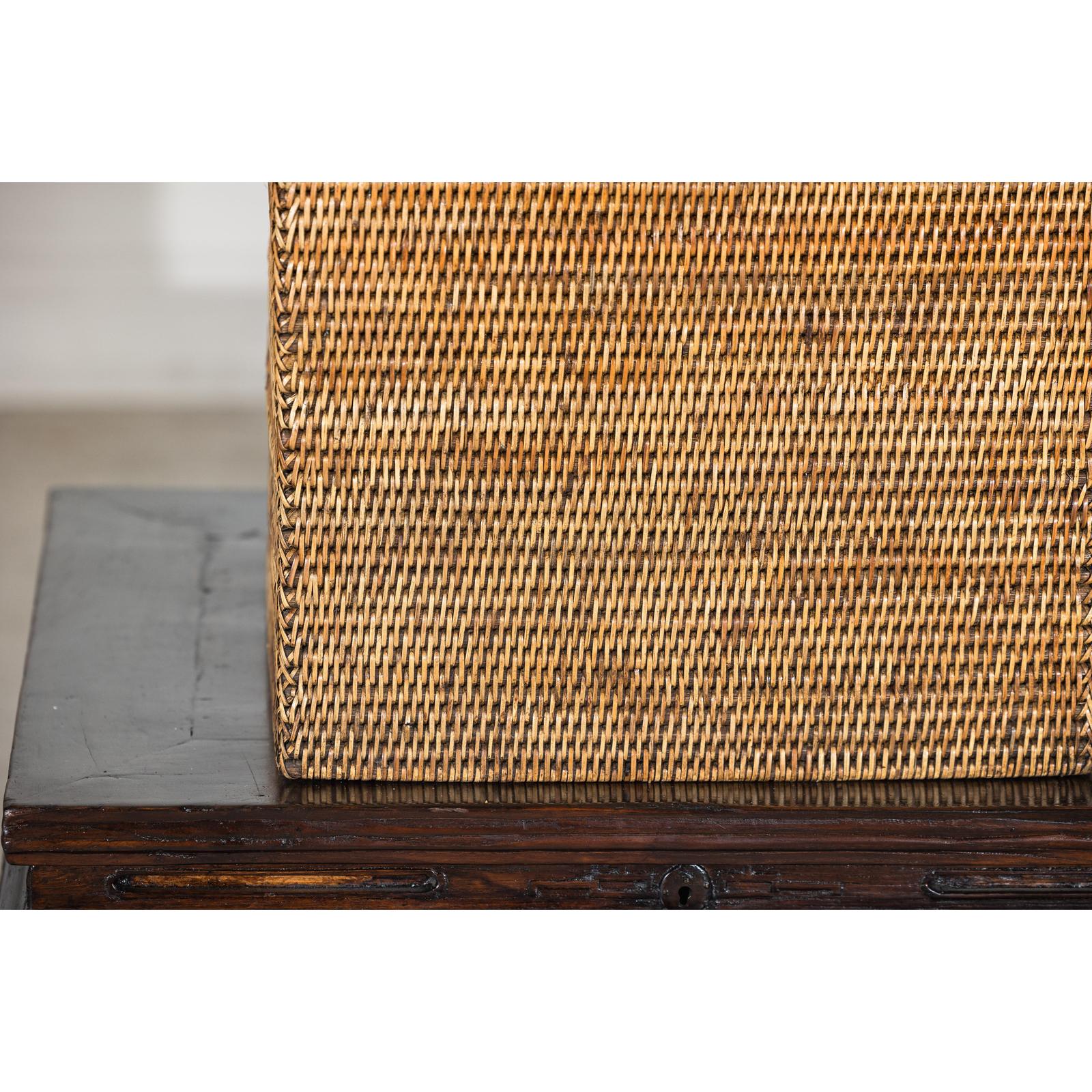 Square Country Style Vintage Rattan Storage Box with Side Handles