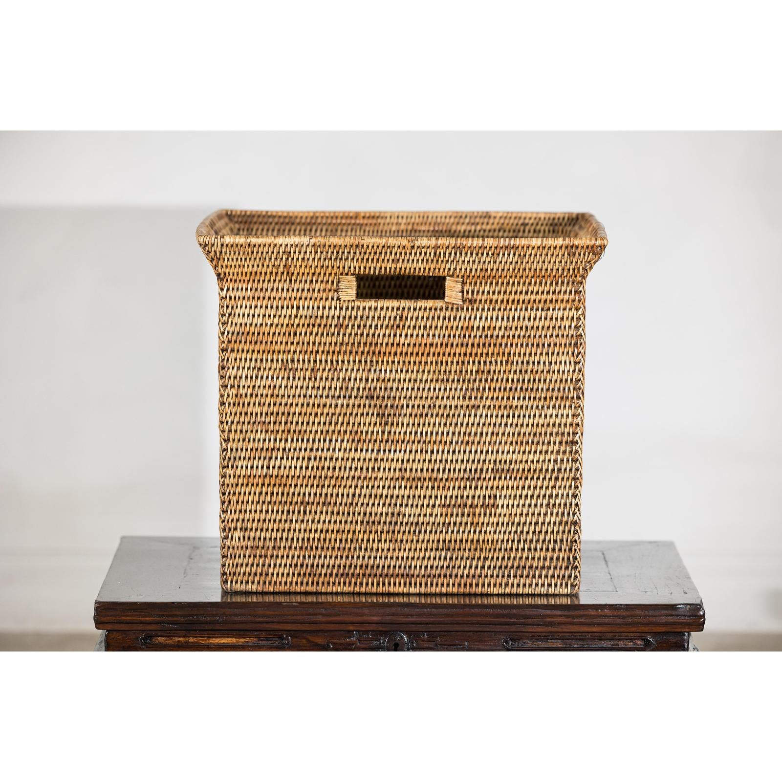 Square Country Style Vintage Rattan Storage Box with Side Handles