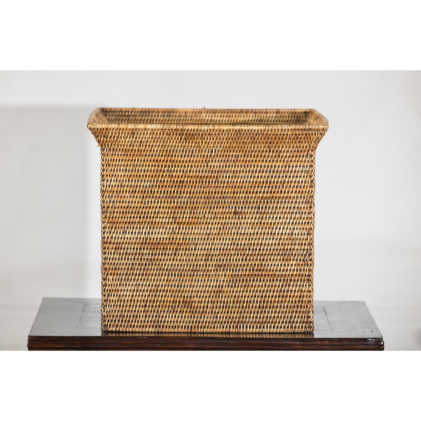 Square Country Style Vintage Rattan Storage Box with Side Handles