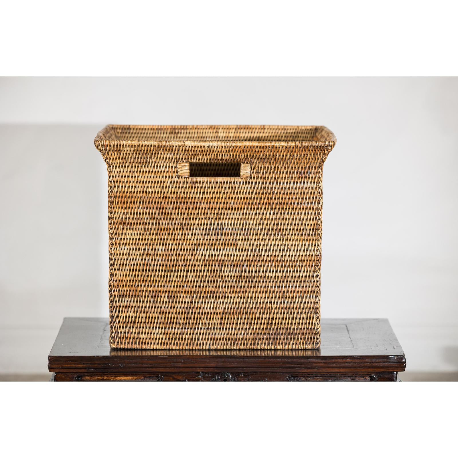 Square Country Style Vintage Rattan Storage Box with Side Handles