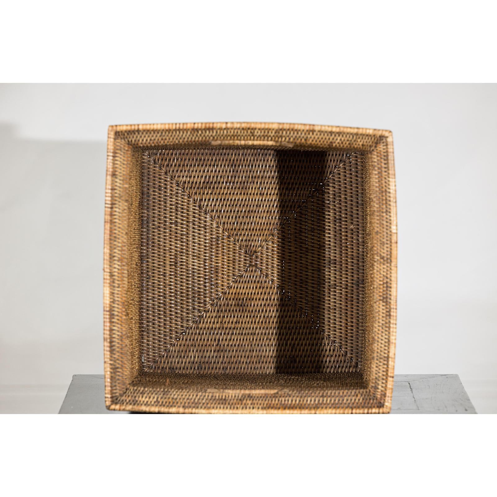 Square Country Style Vintage Rattan Storage Box with Side Handles