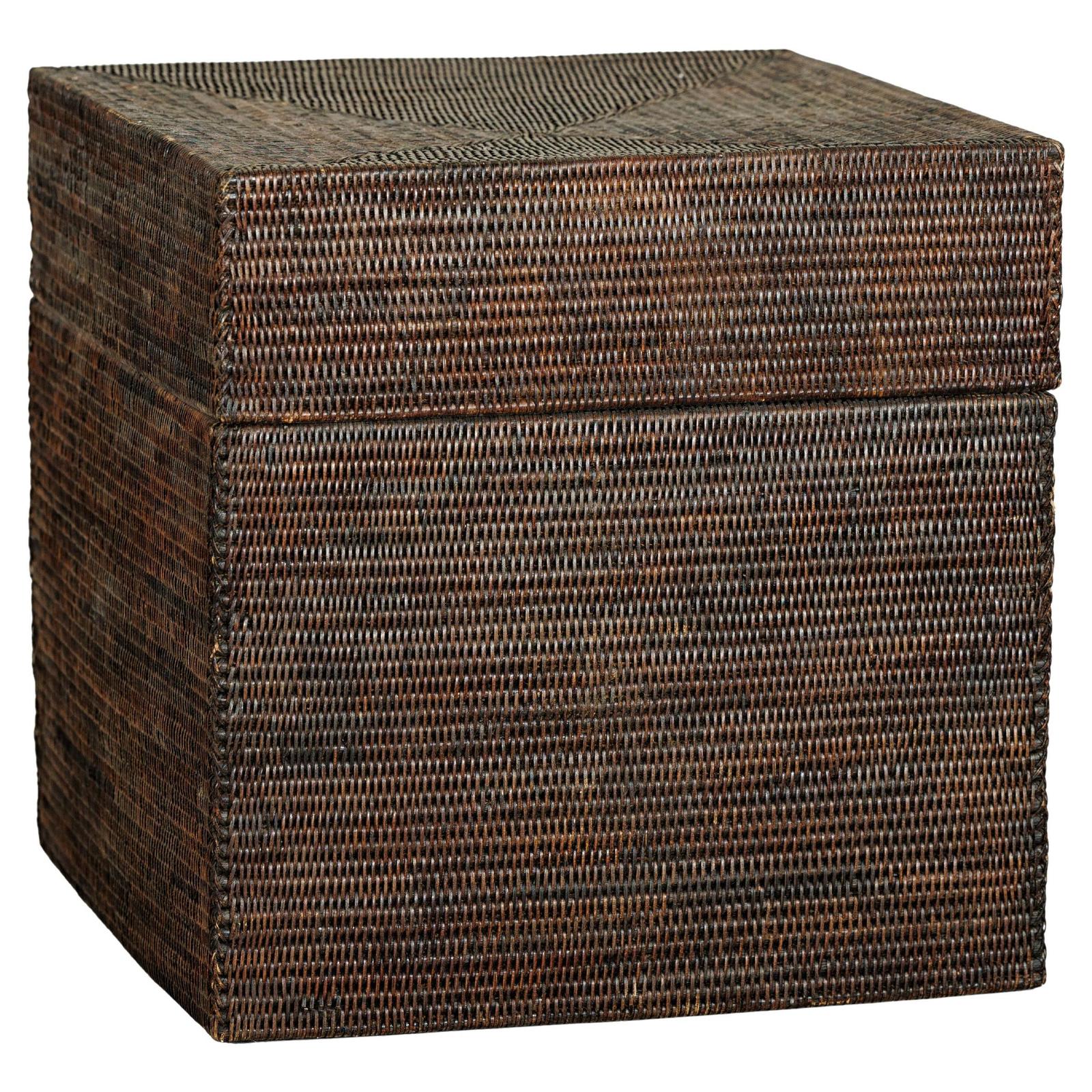 Square Dark Brown Rattan Vintage Basket with Removable Lid - image 1