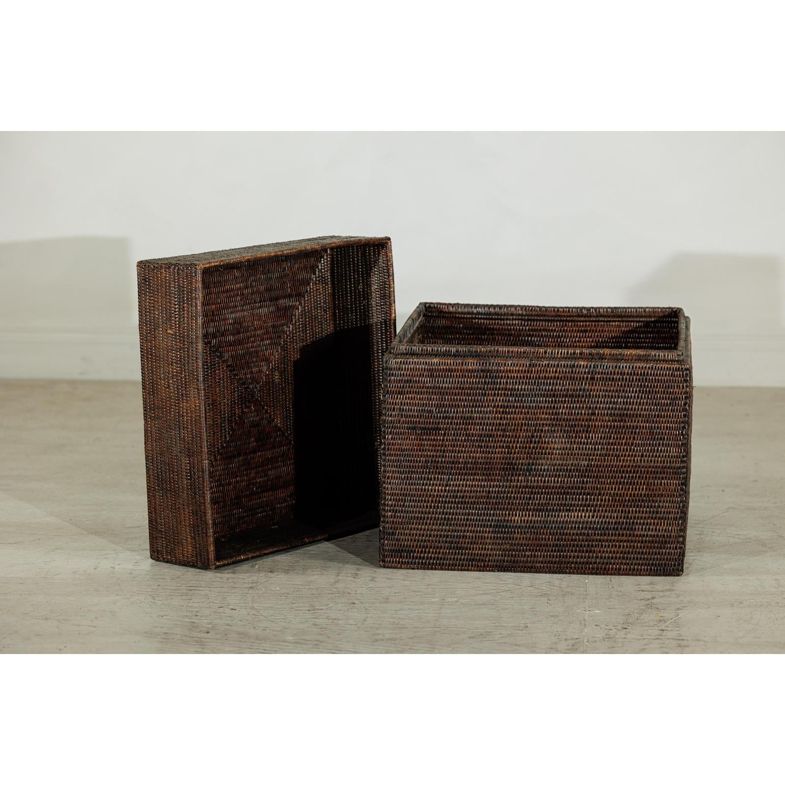 Square Dark Brown Rattan Vintage Basket with Removable Lid - image 10