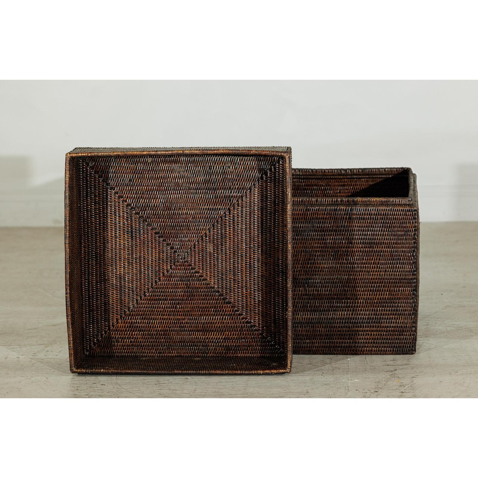 Square Dark Brown Rattan Vintage Basket with Removable Lid - image 11