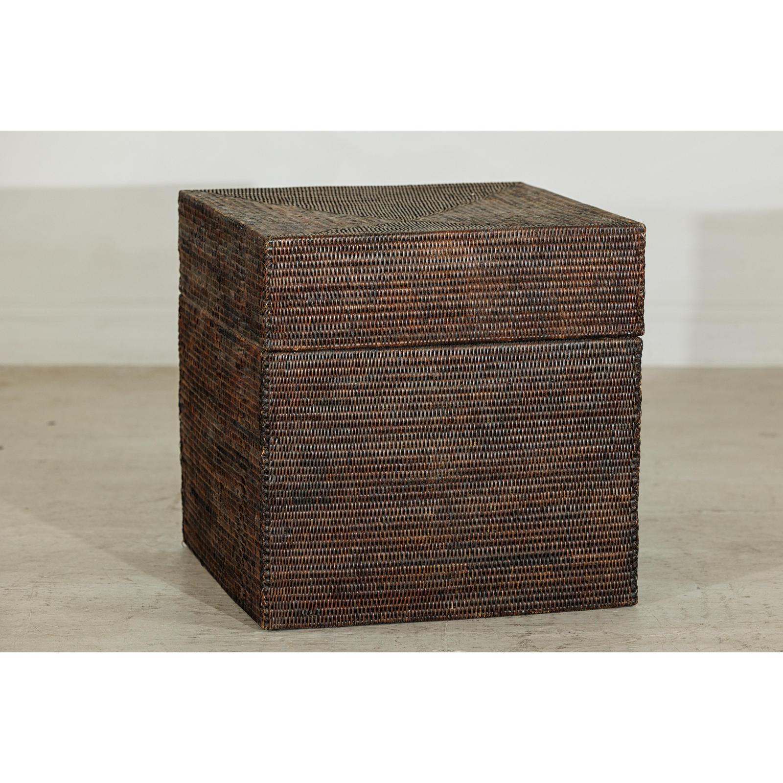 Square Dark Brown Rattan Vintage Basket with Removable Lid - image 3