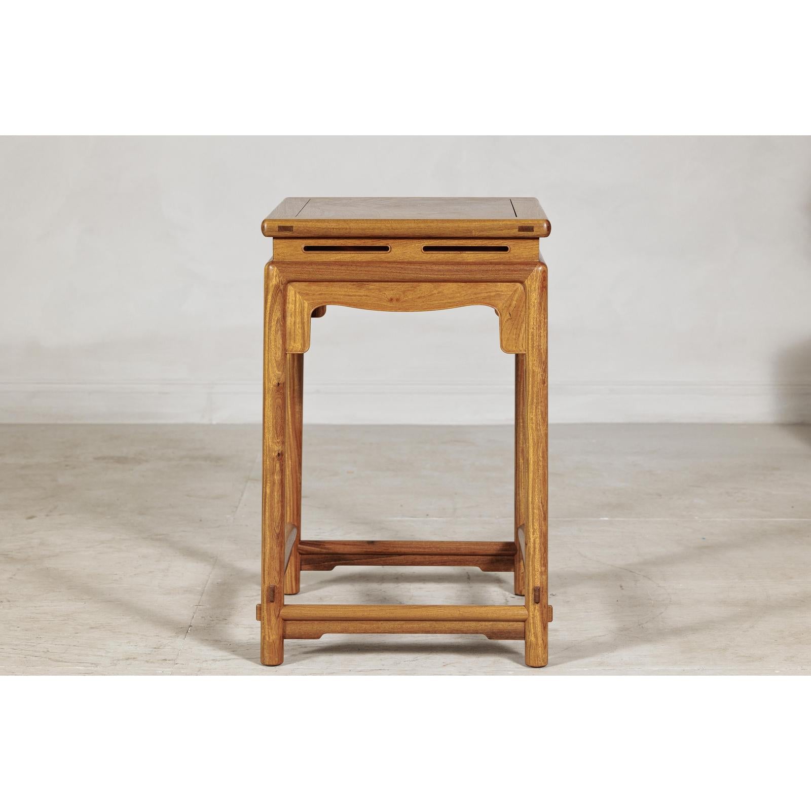 Square Elm Lamp Table with Pierced Apron and Warm Wood Grain Finish-10. Asian &amp; Chinese Furniture, Art, Antiques, Vintage Home Décor for sale at FEA Home