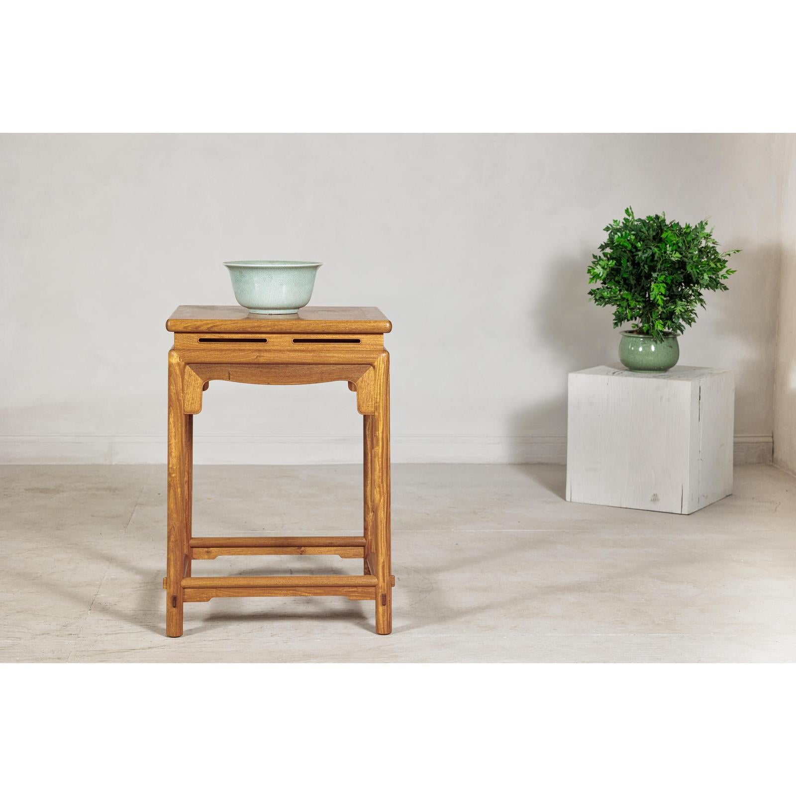 Square Elm Lamp Table with Pierced Apron and Warm Wood Grain Finish-2. Asian & Chinese Furniture, Art, Antiques, Vintage Home Décor for sale at FEA Home