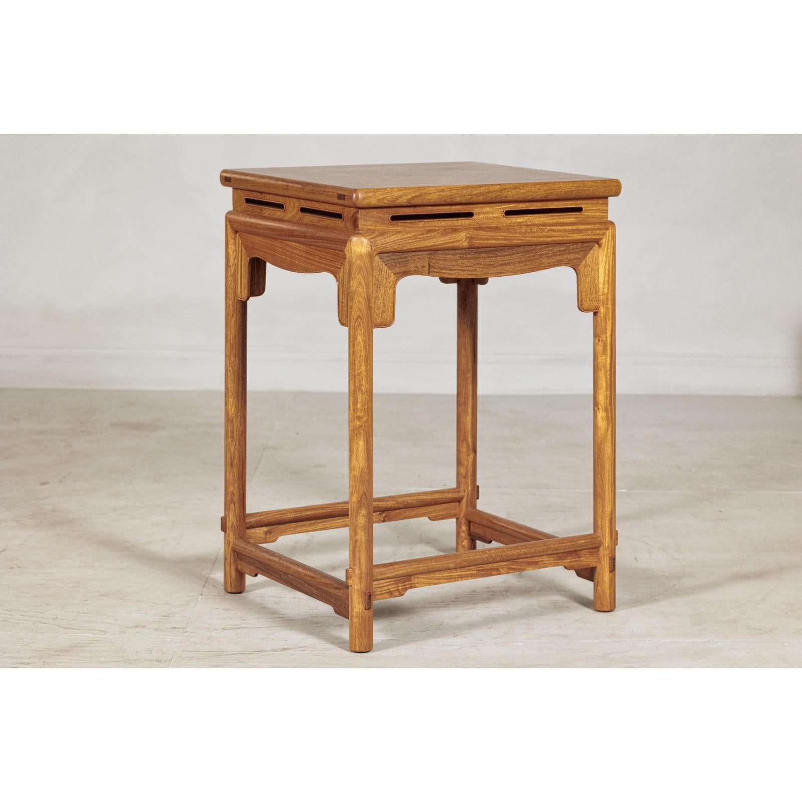 Square Elm Lamp Table with Pierced Apron and Warm Wood Grain Finish-7. Asian &amp; Chinese Furniture, Art, Antiques, Vintage Home Décor for sale at FEA Home