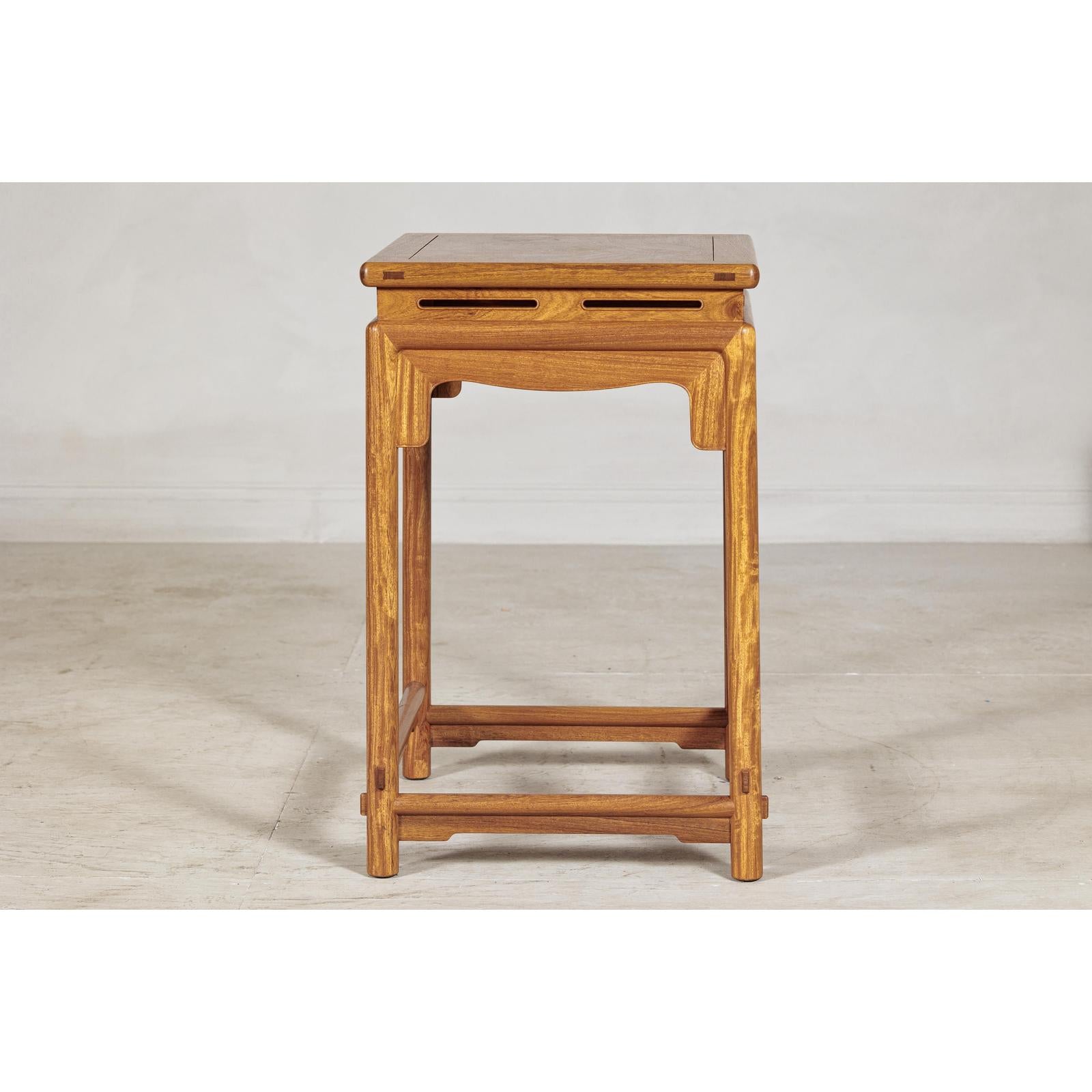 Square Elm Lamp Table with Pierced Apron and Warm Wood Grain Finish-8. Asian &amp; Chinese Furniture, Art, Antiques, Vintage Home Décor for sale at FEA Home