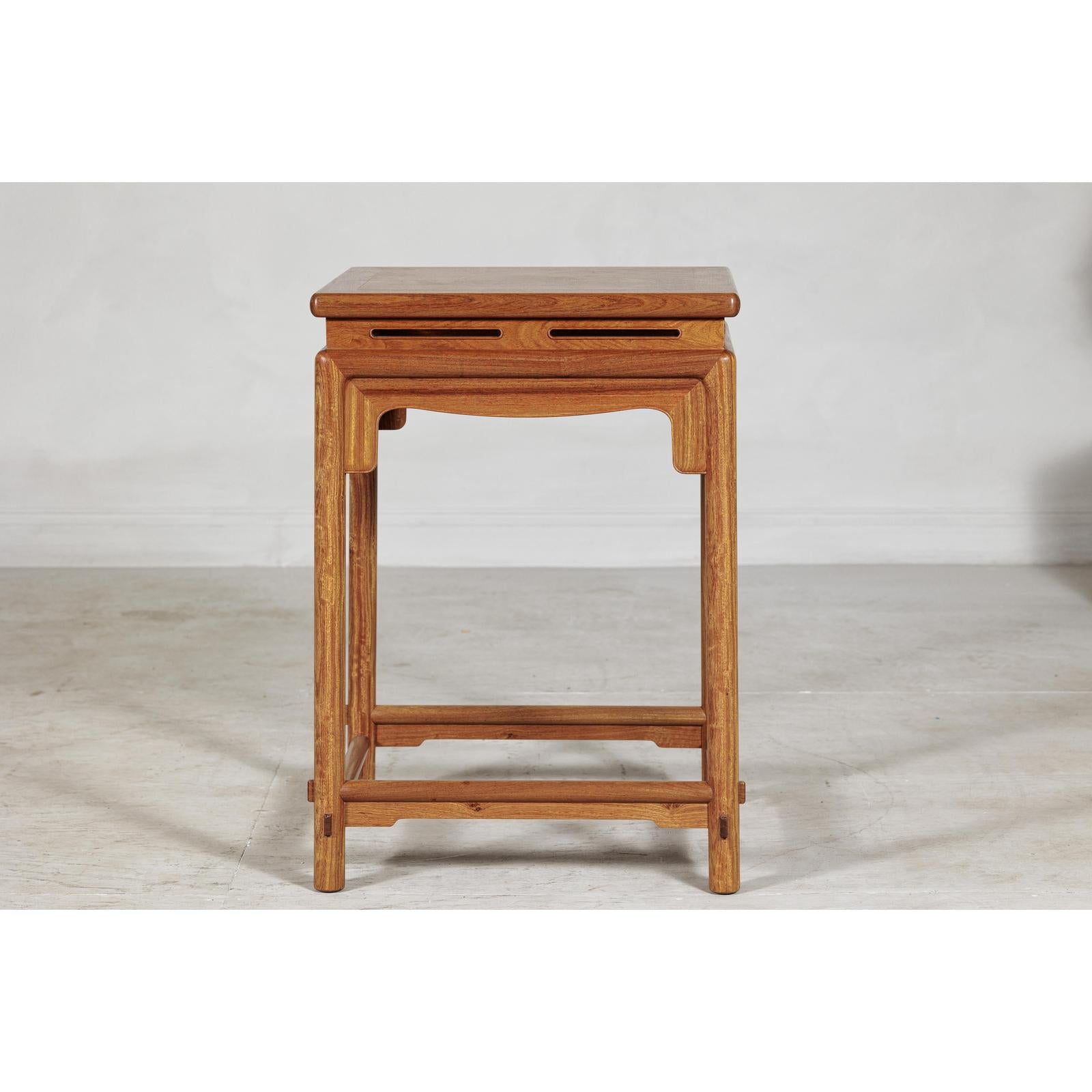 Square Elm Lamp Table with Pierced Apron and Warm Wood Grain Finish-9. Asian &amp; Chinese Furniture, Art, Antiques, Vintage Home Décor for sale at FEA Home