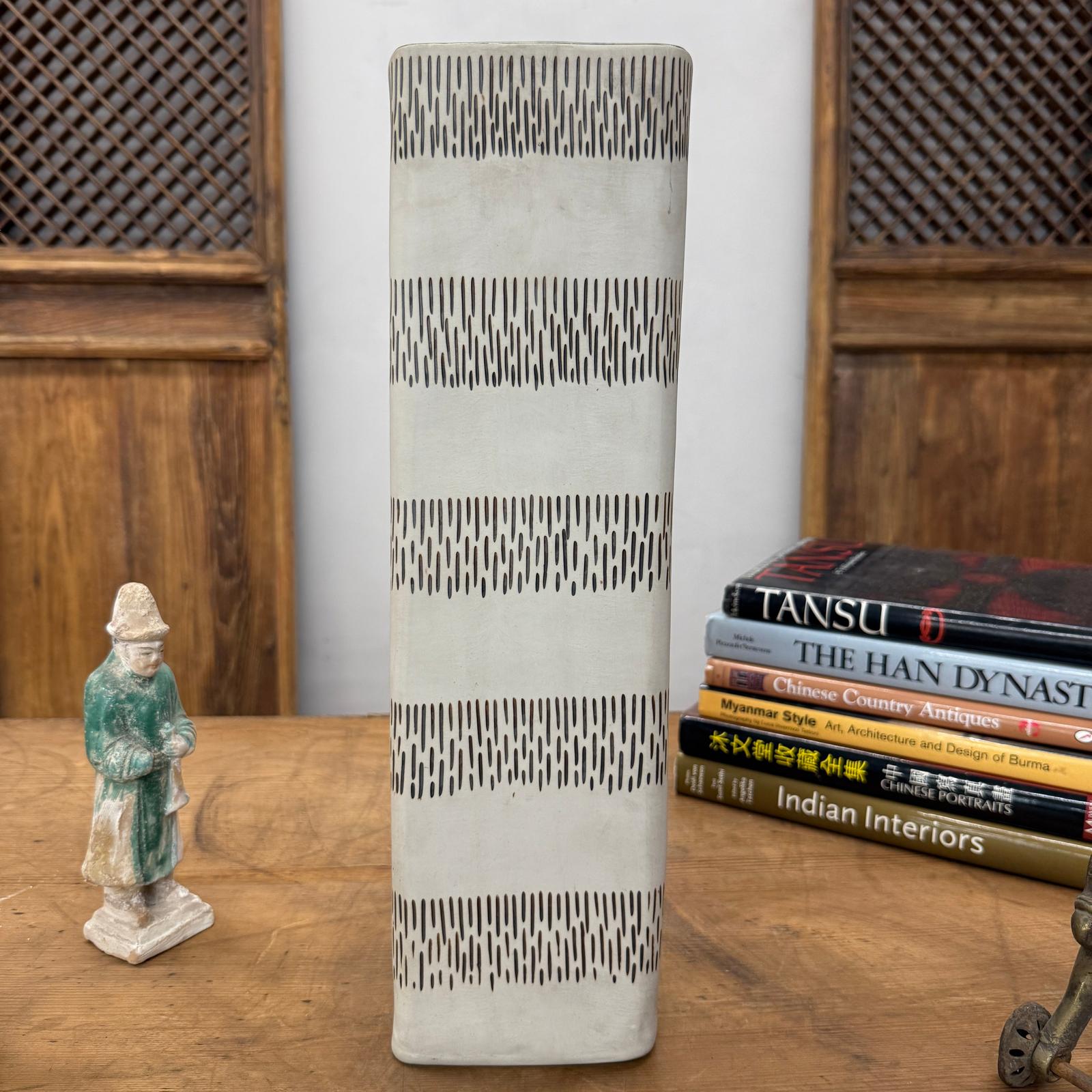 Square Shaped Cream Ceramic Vase with Black Stripes, SKU , image 3