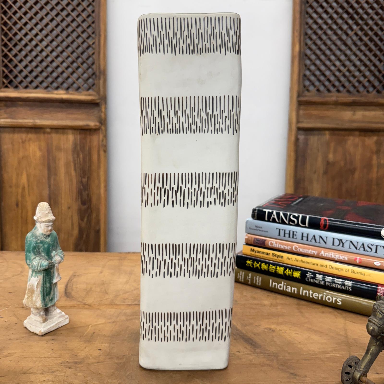 Square Shaped Cream Ceramic Vase with Black Stripes, SKU , image 4