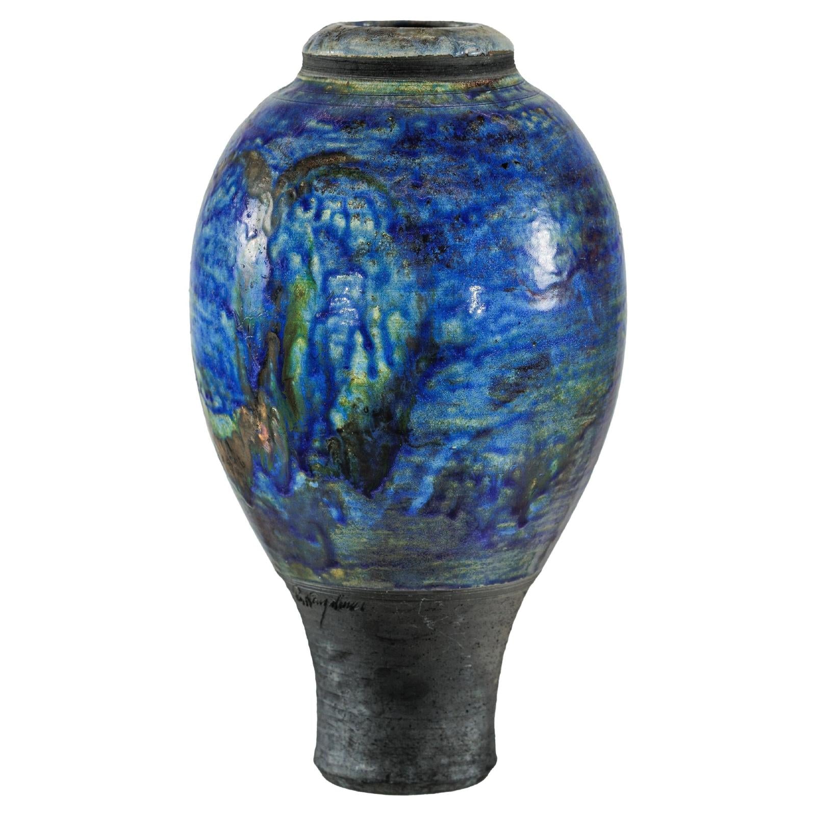 Studio Ceramic Vase with Cobalt Blue Glaze and Tapered Foot-1. Asian & Chinese Furniture, Art, Antiques, Vintage Home Décor for sale at FEA Home