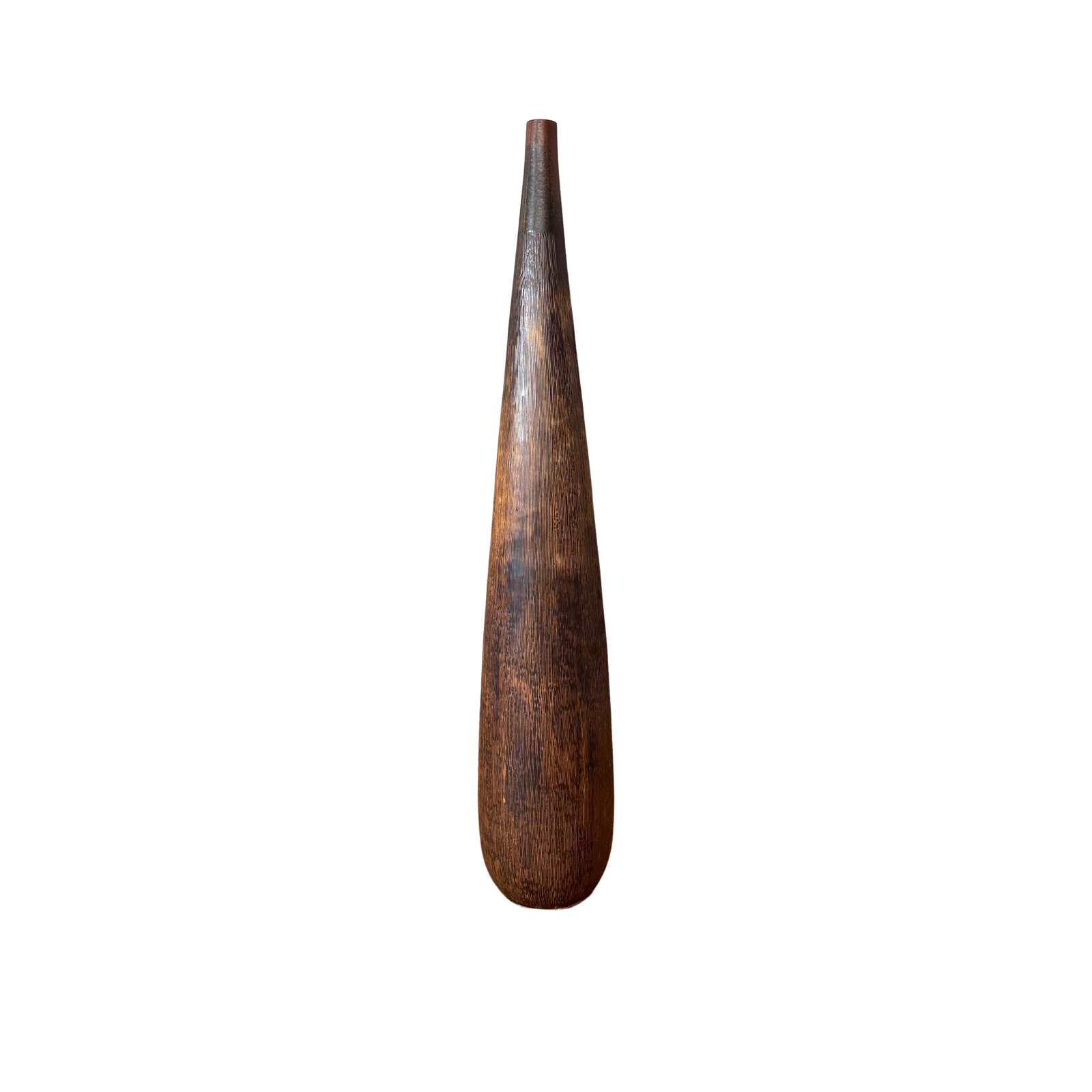 Brown and copper ceramic vase with textured surface standing upright on a white background.