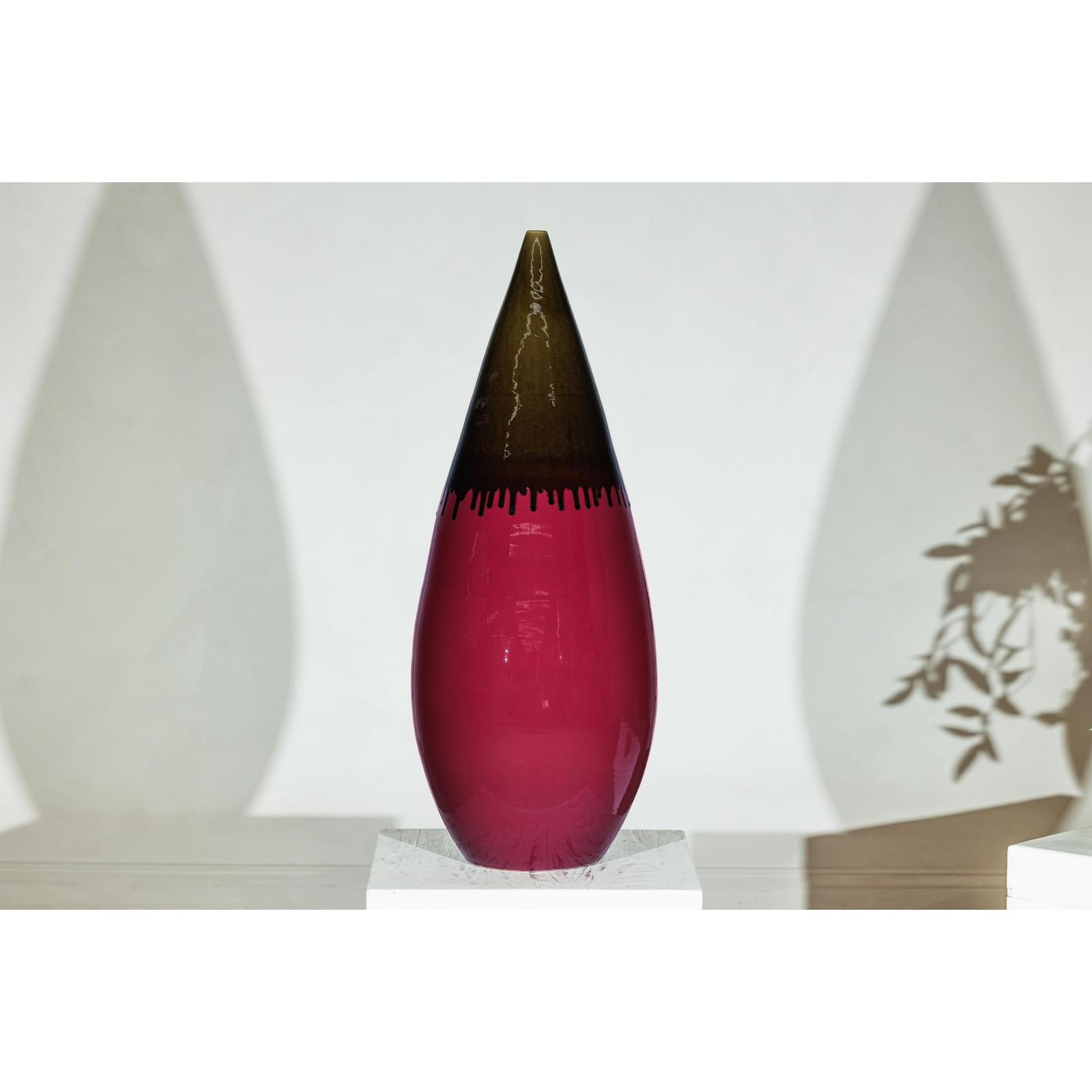 Tall Artisan Ceramic Vase in Burgundy and Brown Glaze with Teardrop Silhouette-2. Asian & Chinese Furniture, Art, Antiques, Vintage Home Décor for sale at FEA Home