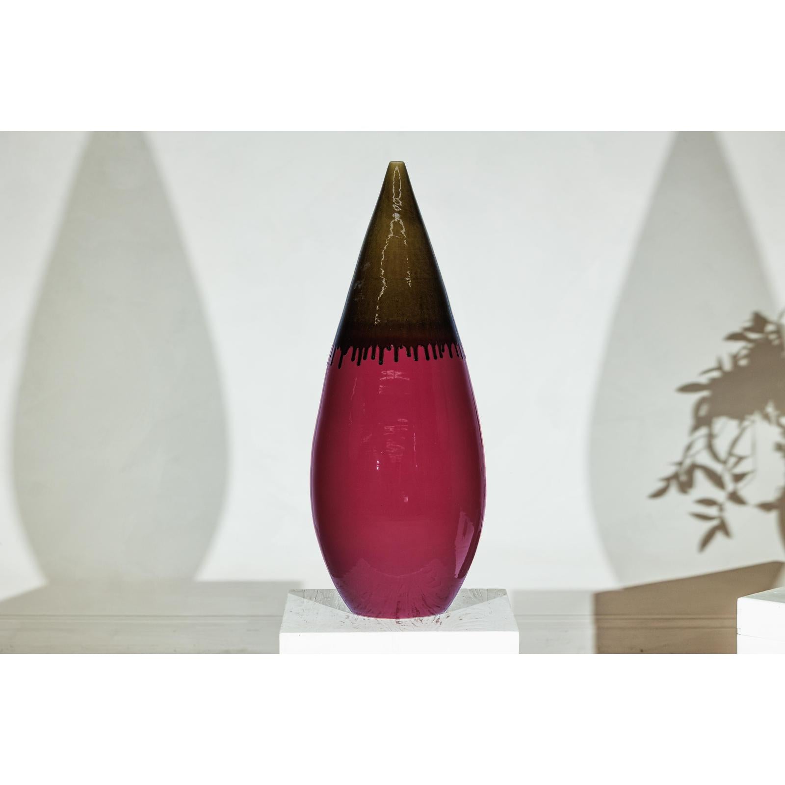 Tall Artisan Ceramic Vase in Burgundy and Brown Glaze with Teardrop Silhouette-3. Asian &amp; Chinese Furniture, Art, Antiques, Vintage Home Décor for sale at FEA Home