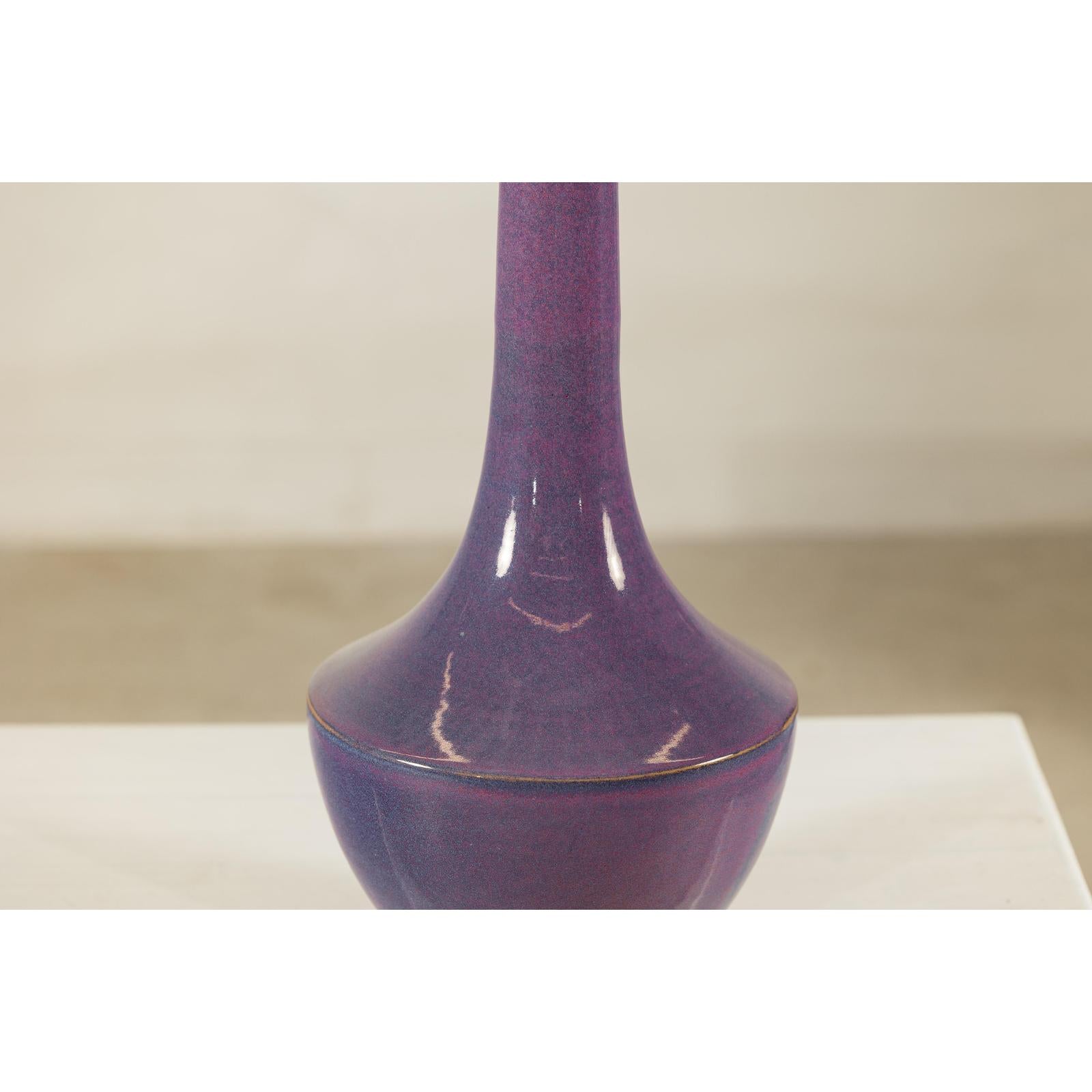 Tall Artisan Ceramic Vase with Purple Glaze and Slender Neck