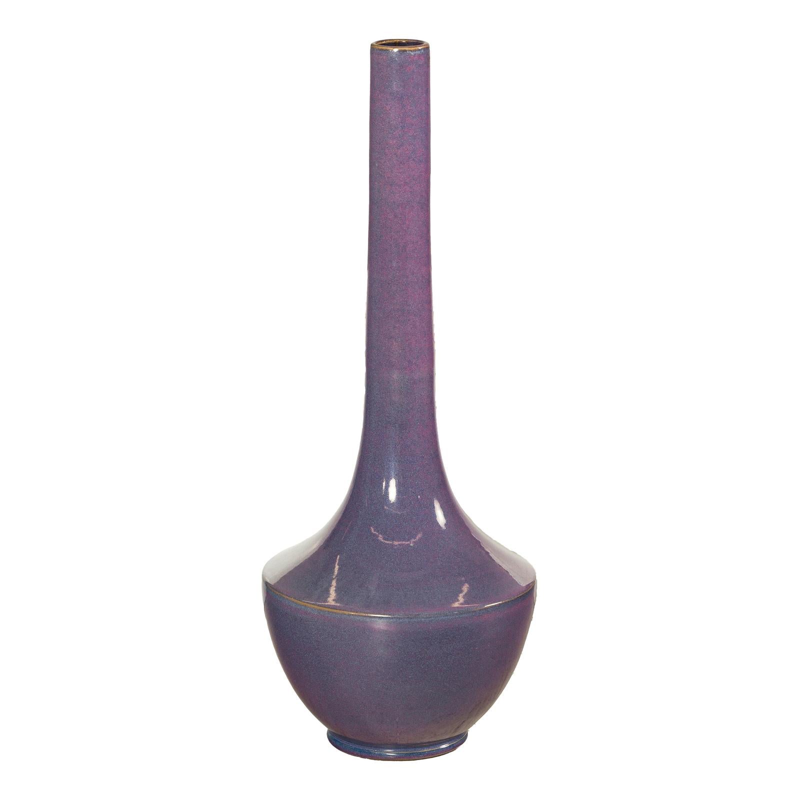 Tall Artisan Ceramic Vase with Purple Glaze and Slender Neck