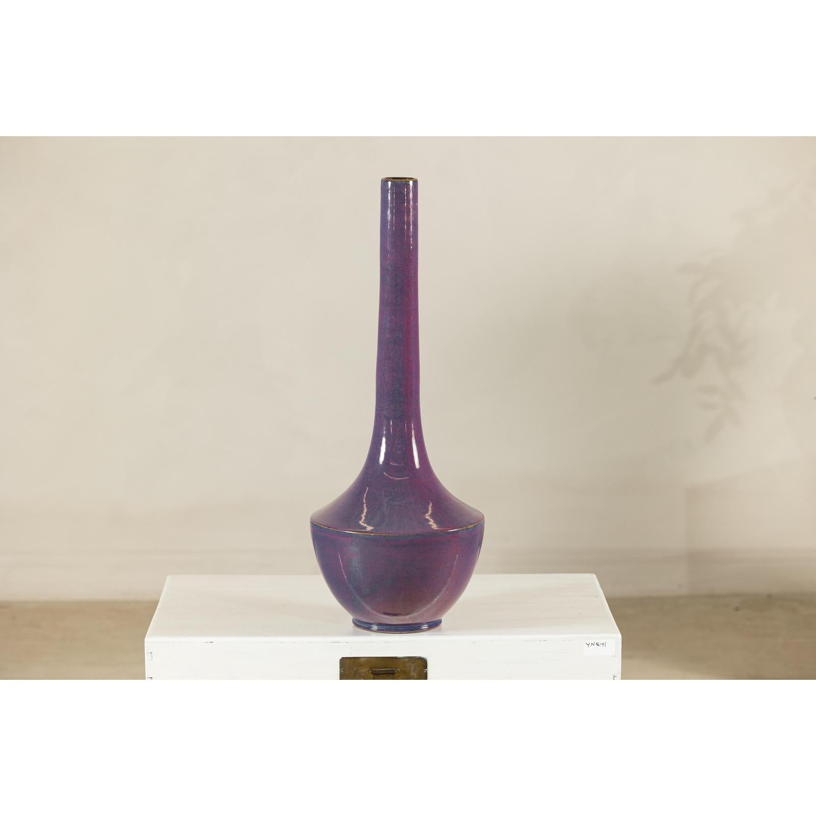 Tall Artisan Ceramic Vase with Purple Glaze and Slender Neck