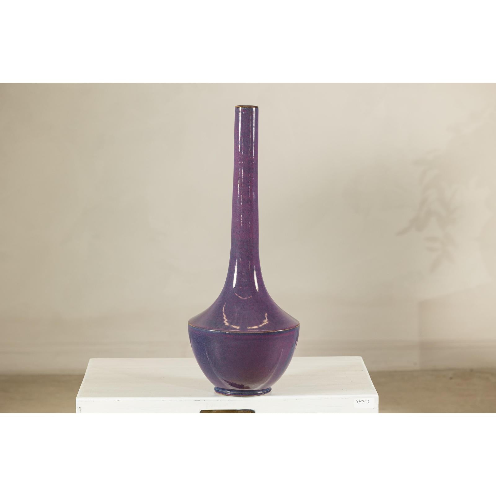 Tall Artisan Ceramic Vase with Purple Glaze and Slender Neck