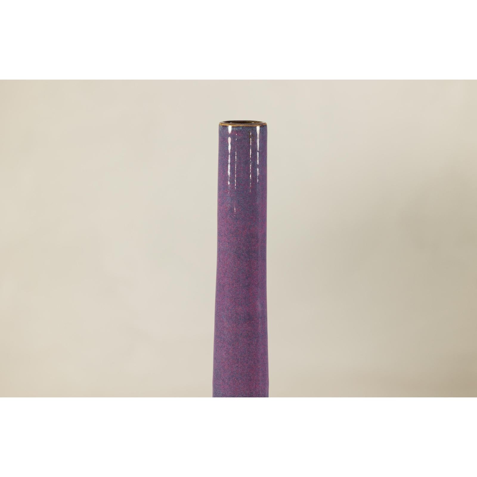 Tall Artisan Ceramic Vase with Purple Glaze and Slender Neck