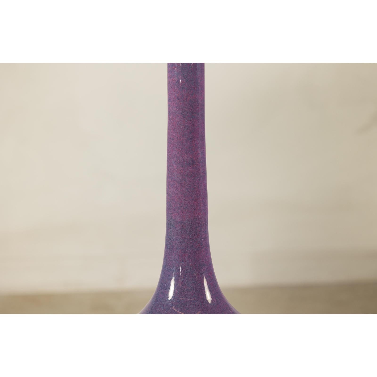 Tall Artisan Ceramic Vase with Purple Glaze and Slender Neck