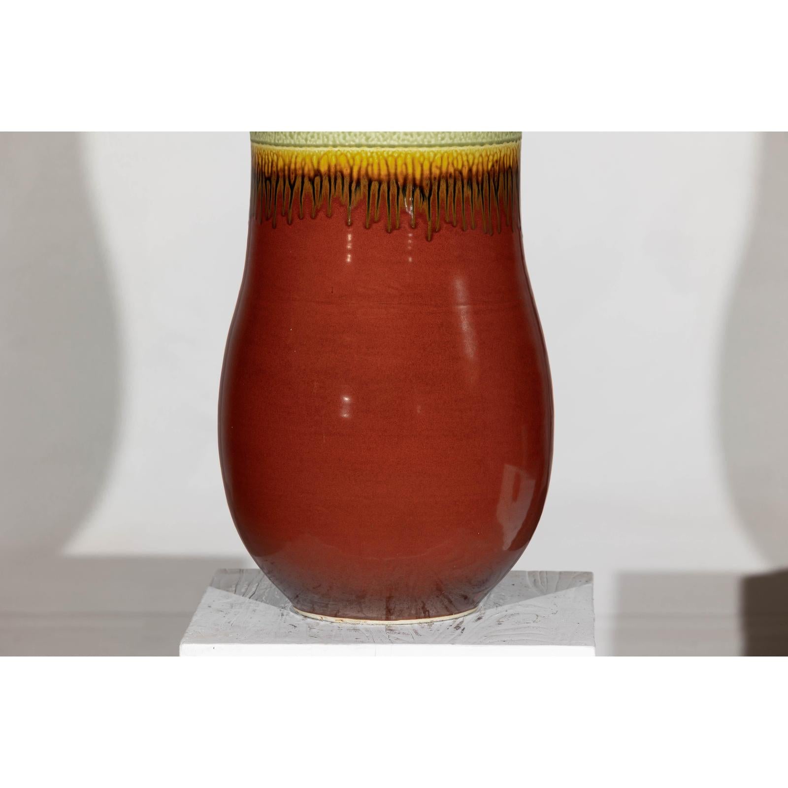 Tall Artisan Hand-Crafted Ceramic Vase with Green Drip Glaze over Red Base