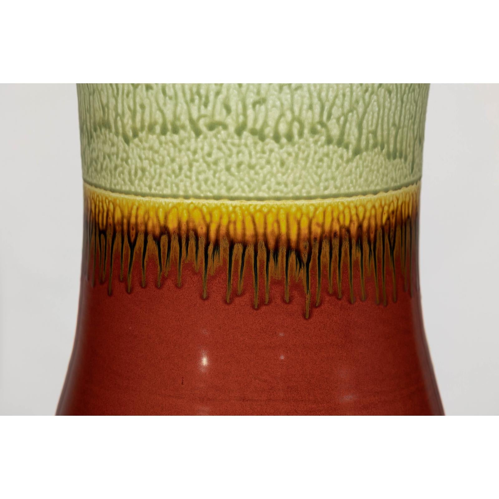 Tall Artisan Hand-Crafted Ceramic Vase with Green Drip Glaze over Red Base