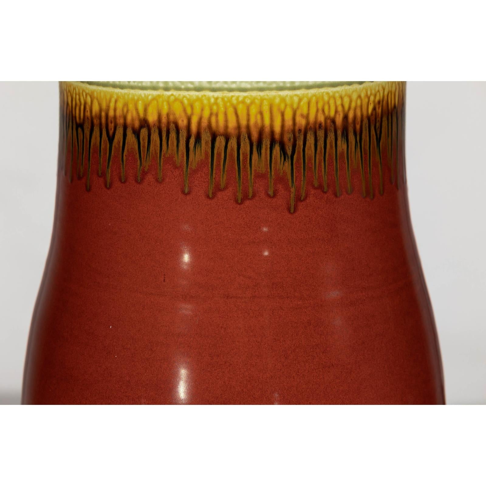 Tall Artisan Hand-Crafted Ceramic Vase with Green Drip Glaze over Red Base