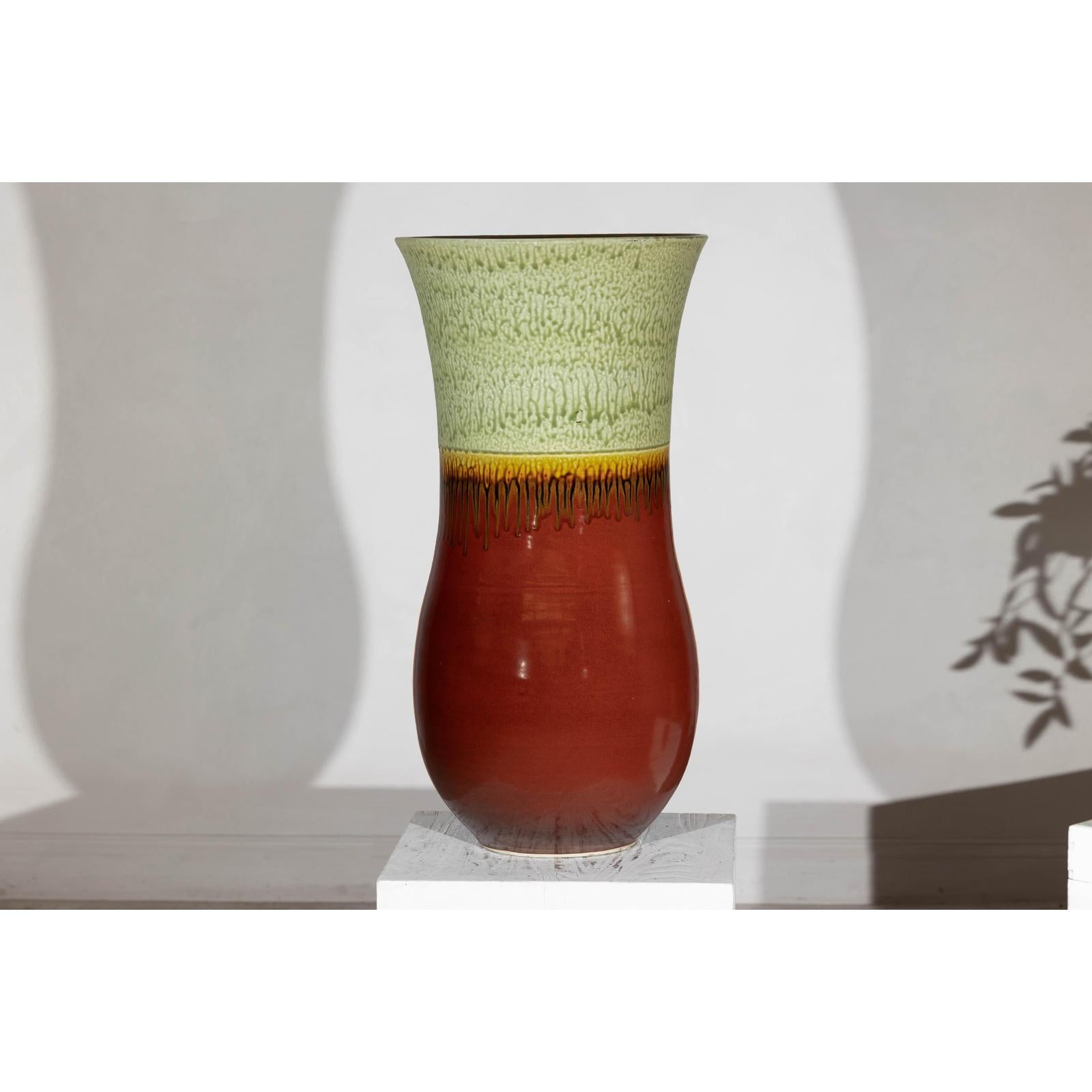 Tall Artisan Hand-Crafted Ceramic Vase with Green Drip Glaze over Red Base