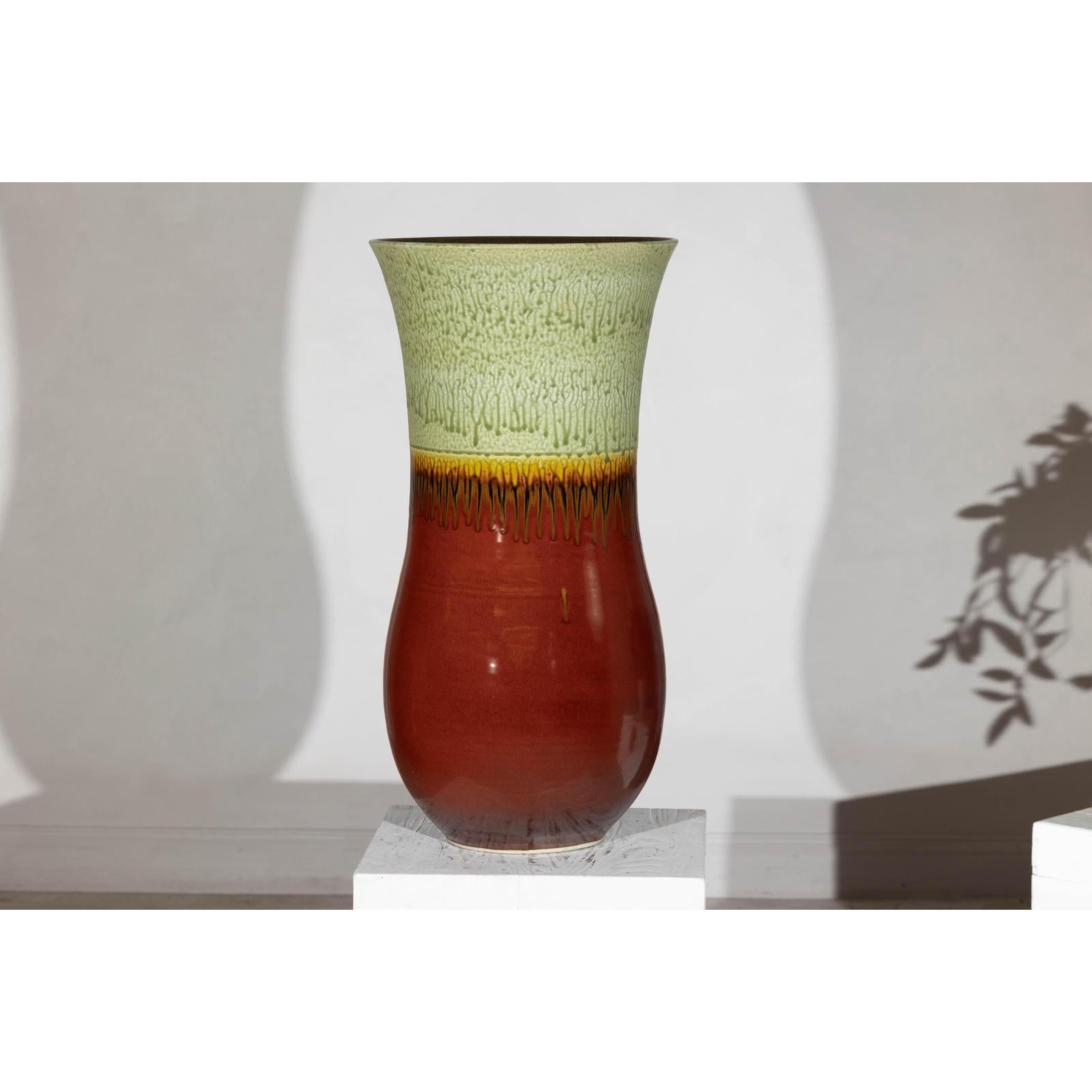 Tall Artisan Hand-Crafted Ceramic Vase with Green Drip Glaze over Red Base